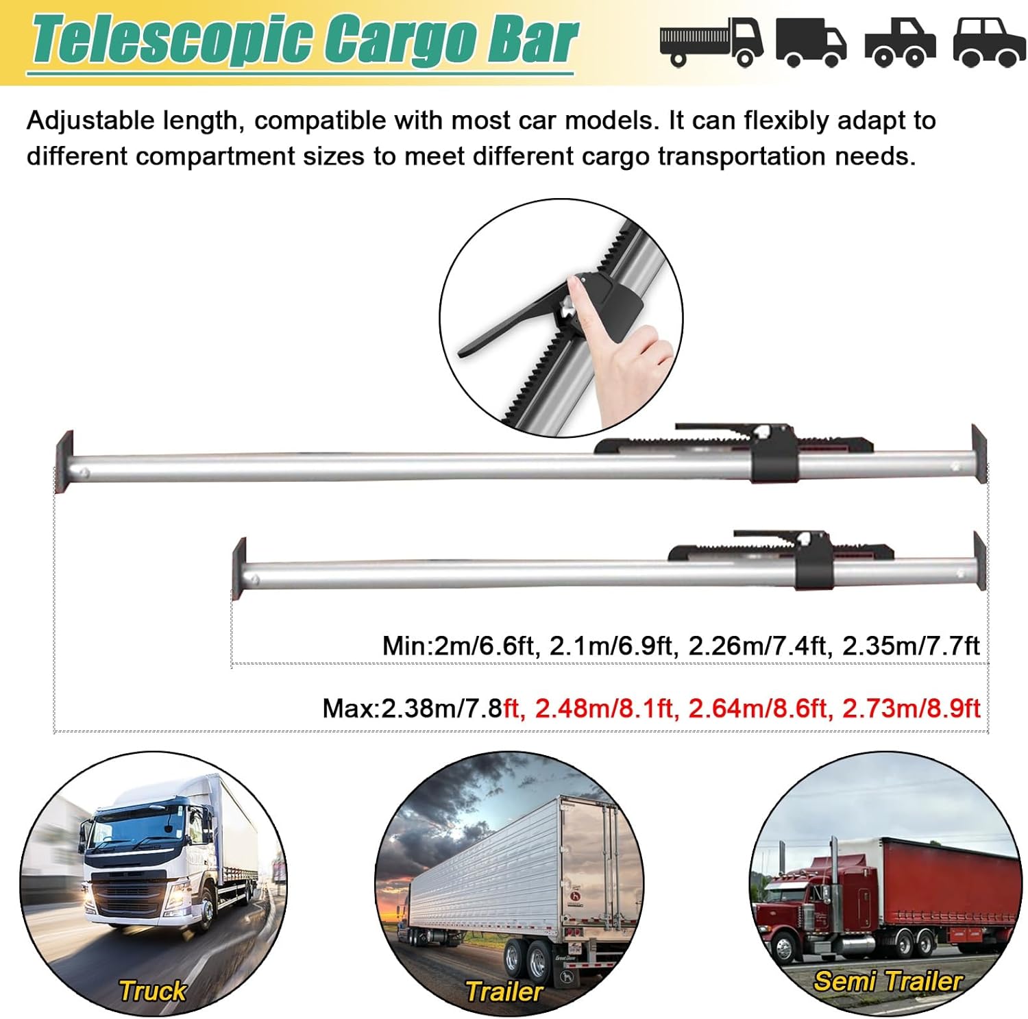 Adjustable Cargo Bars Full-size Trucks Bed Holder Ratcheting Support Pole, Aluminum Cargo Bar & Load Stabilizer 1 2 3 4 Pack, Van Truck/Trailer/Pickup Trucks Cargo Restraint Bar Barrier(Silver-4 Pack,