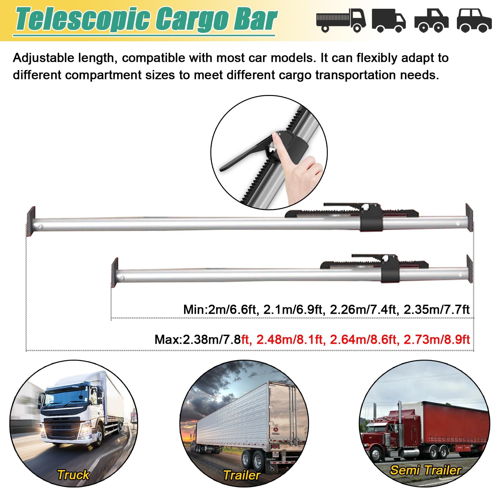 Ratschen-Ladungsstange, verstellbare Aluminium-Ladungsstange & Ladungsstabilisator - 3er-Pack für LKWs, Transporter & Anhänger - Ratschen-Stützstange zur Ladungssicherung