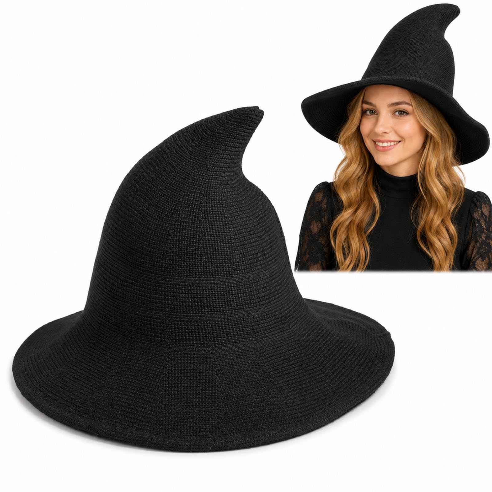 Womens Witch Hat,Foldable Halloween Wizard Hat,Knitted,Adult Costume Party