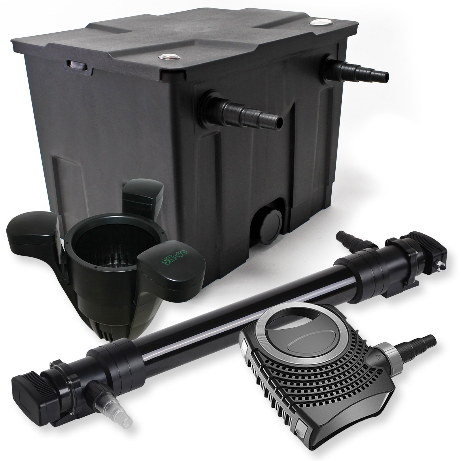 SunSun Kit Complet: CBF-350 Filtre de Bassin jusqu'à 12000 L Biologique, NEO10000 Pompe de Filtration 10000l/h 80W, CUV-672 Lampe UV UVC Clarificateur avec 72W, SK-40 Écumeur avec Pompe 3000l/h 60W