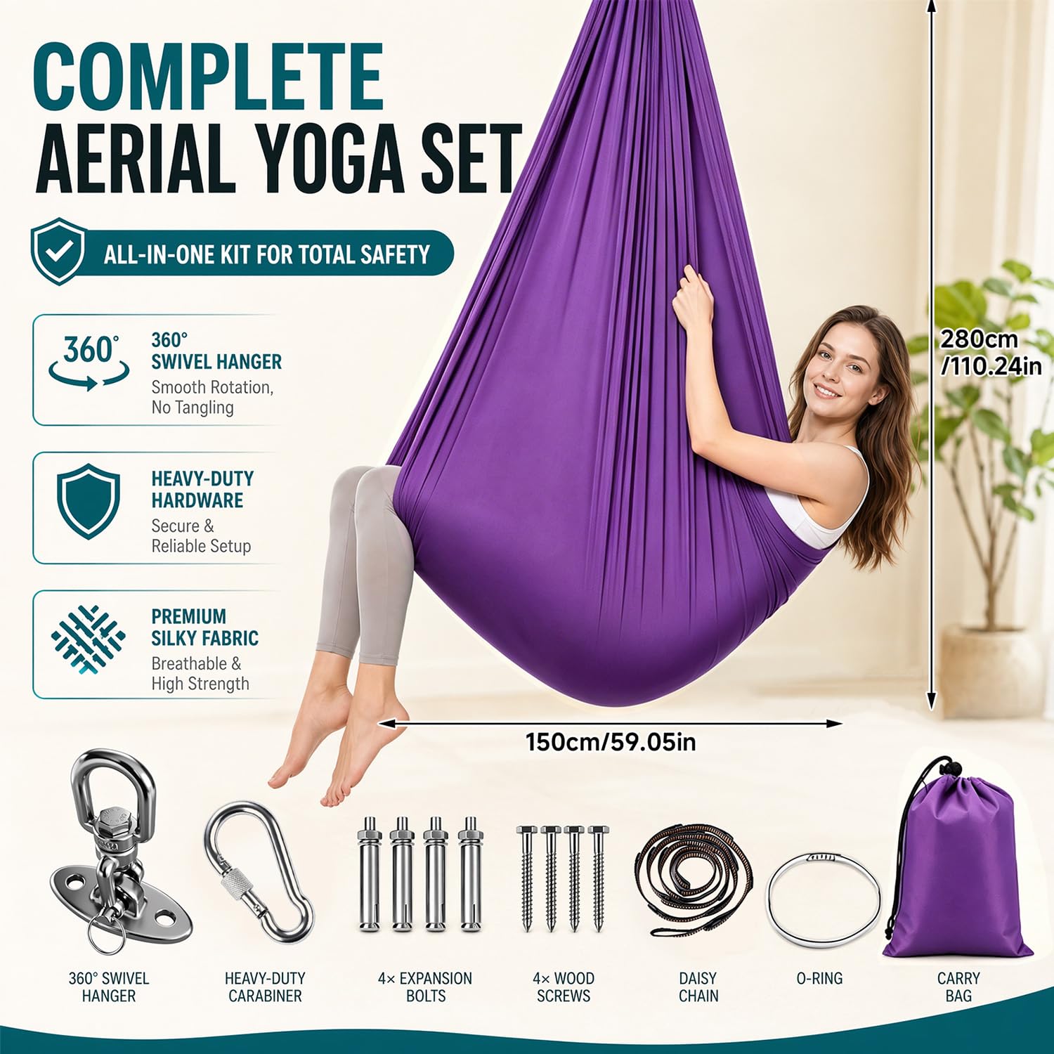 Aerial Yogatuch 280x150cm Yoga-Set für Erwachsene, Yoga Hängematte zum Aufhängen Aerial Yogas Set für drinnen und draußen 200 kg Belastung,inkl. Kompletter Installationshardware für Fitness（Lila)