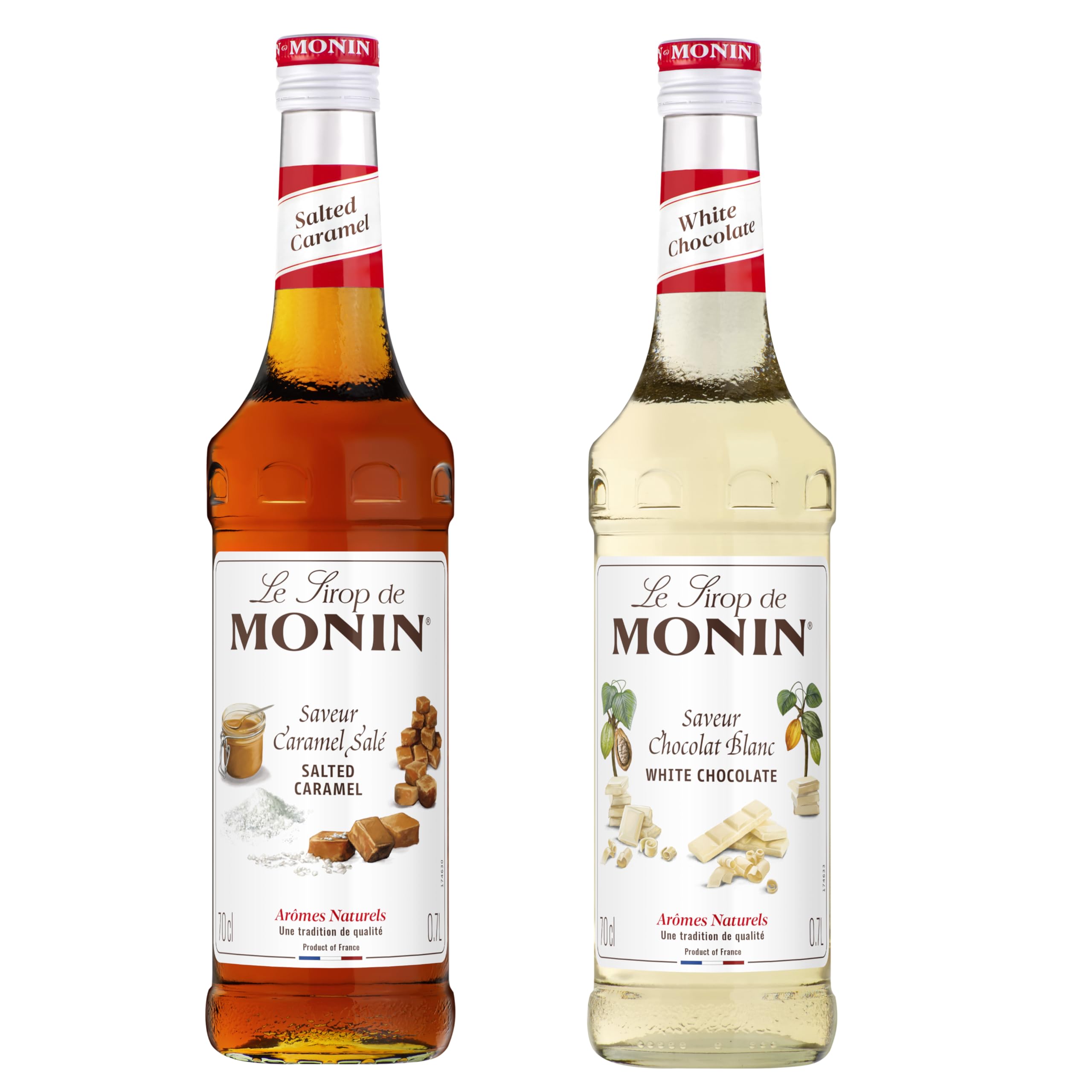 MONIN - Assortiment de Sirop Saveur Caramel Salé & Sirop Saveur Chocolat Blanc - Pour Café, Chocolat Chaud, Capuccino ou Latte - Arômes Naturels - Bouteille en Verre - 2 x 70 cl