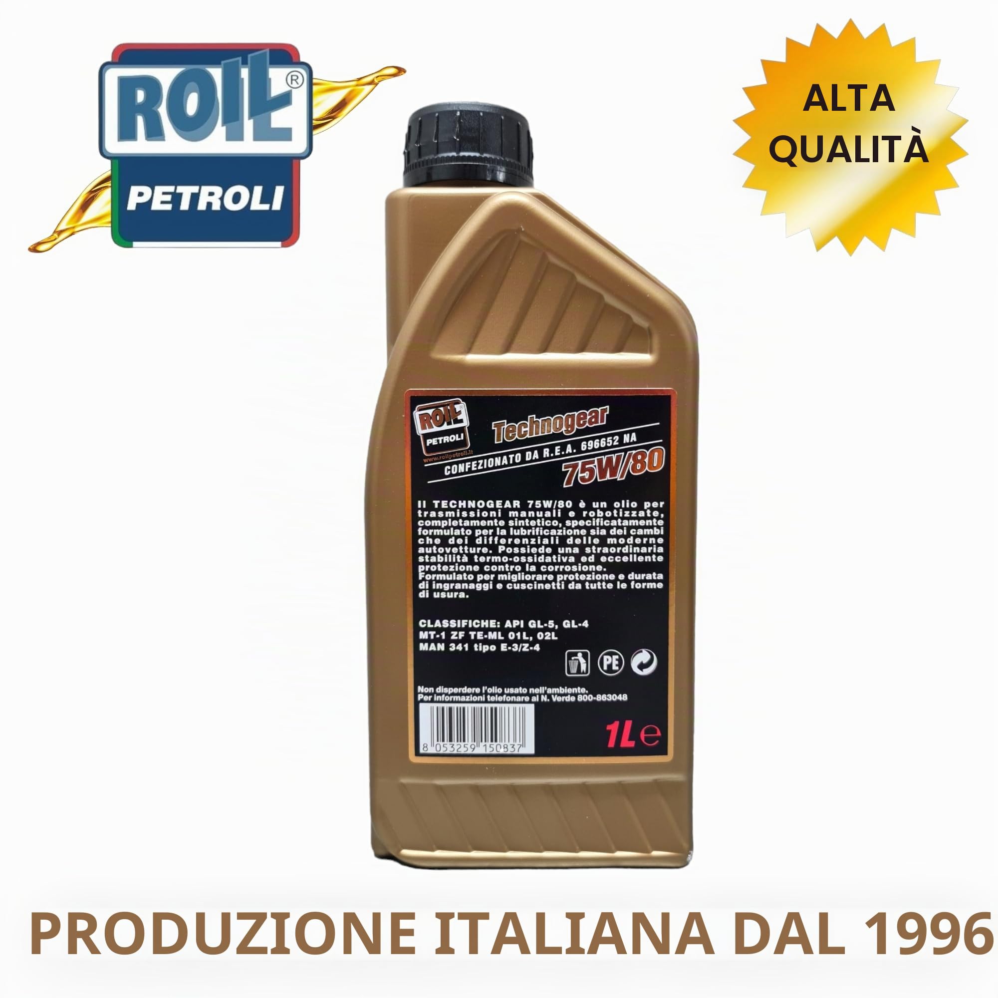 Roil 3 Litri TECHNOGEAR 75W/80-100% Sintetico con Tappo VERSANTE - Nuova Formula con POLIMERO Anti - ATTRITO Olio per Cambi Anche ROBOTIZZATI e Differenziali di Ultima Generazione