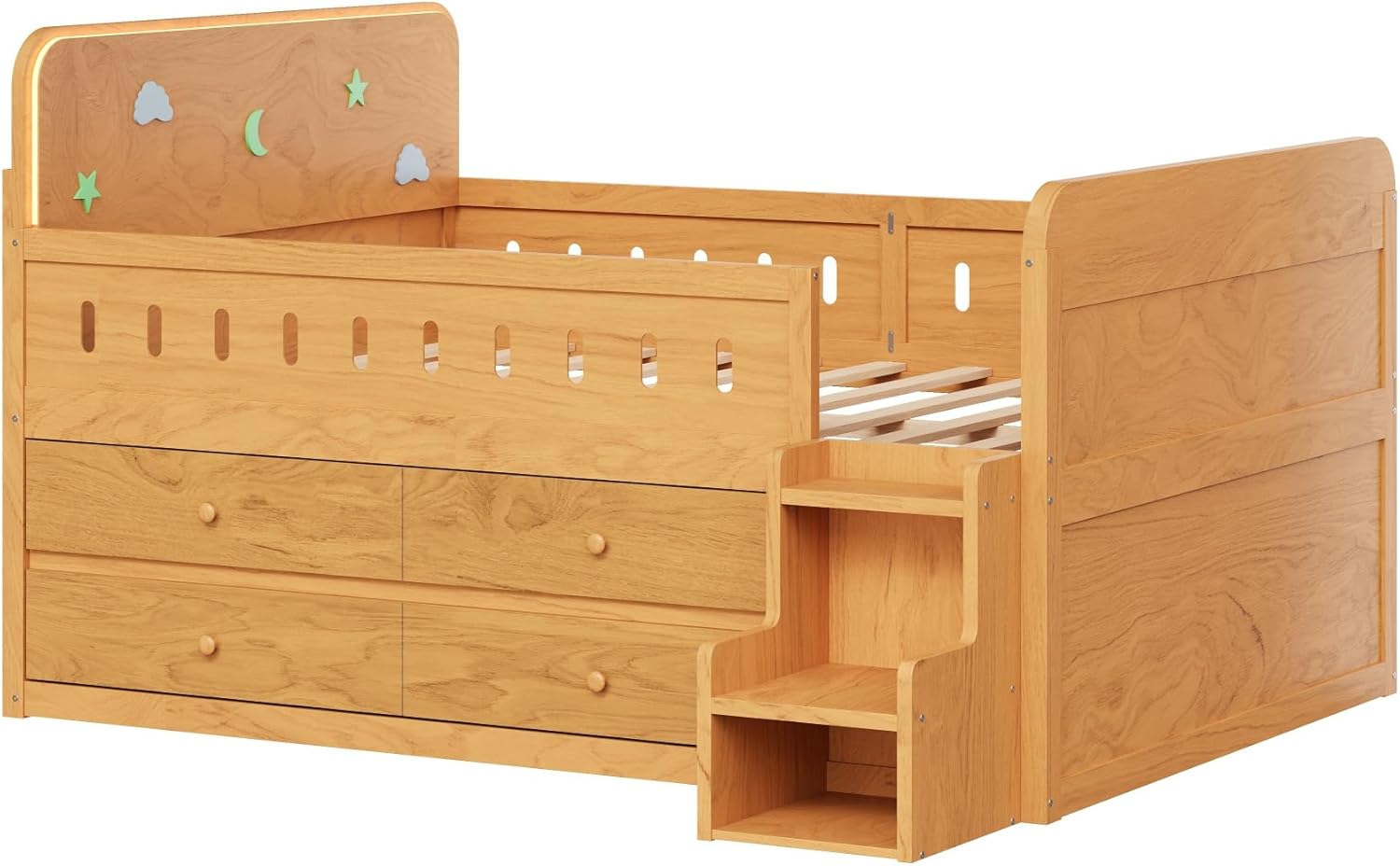 Merax Full High Floor Bed with 2-Tier 4 Lager Drawers and Storage Staircase, LED Lights, Sturdy Wood Platform Bedframe with Wood Slats & Guardrail, Funny Curved Headboard, Under Bed Storage, Natural