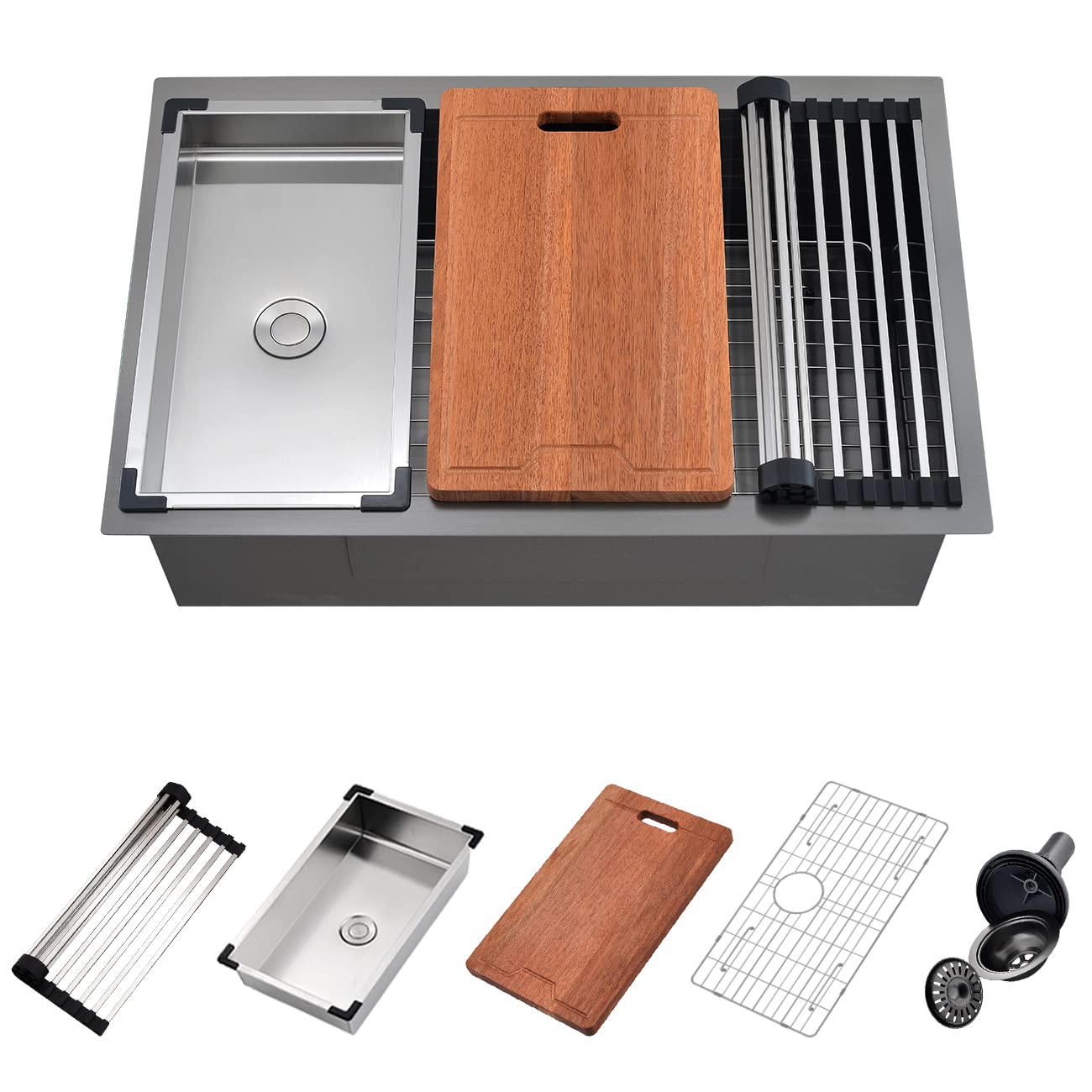 30 Black Undermount Kitchen Sink, Scamall 30x19x10 Inches Undermount 16 Gauge Nano Black Stainless Steel Single Bowl Kitchen Sink with Cutting Board & Strainer SM020-2SBG