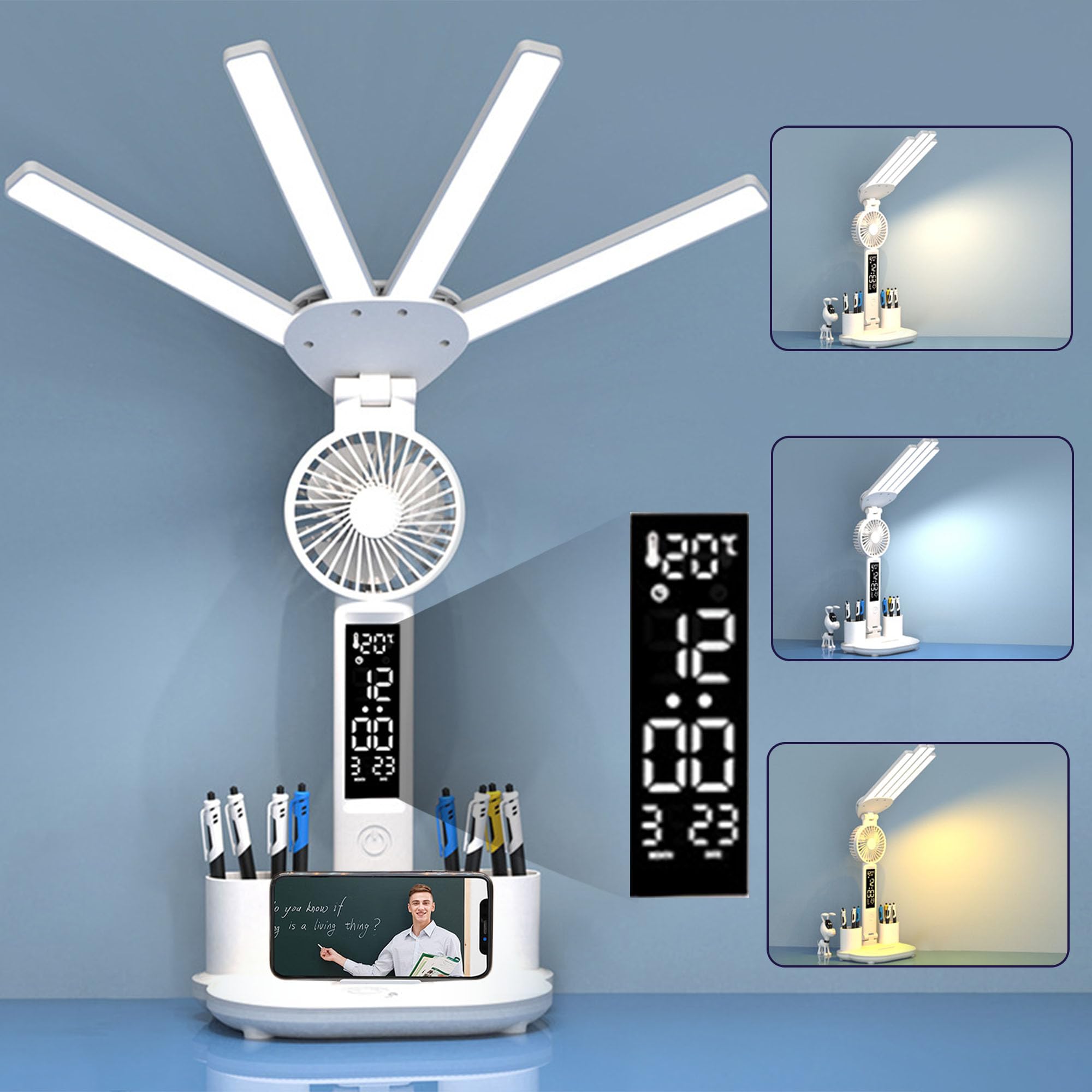 WLHONG Lámpara de escritorio LED con 4 cabezas, para niños, con ventilador, regulable, con reloj, soporte para bolígrafo, calendario, temperatura, 3 niveles de temperatura de color, lámpara de lectura