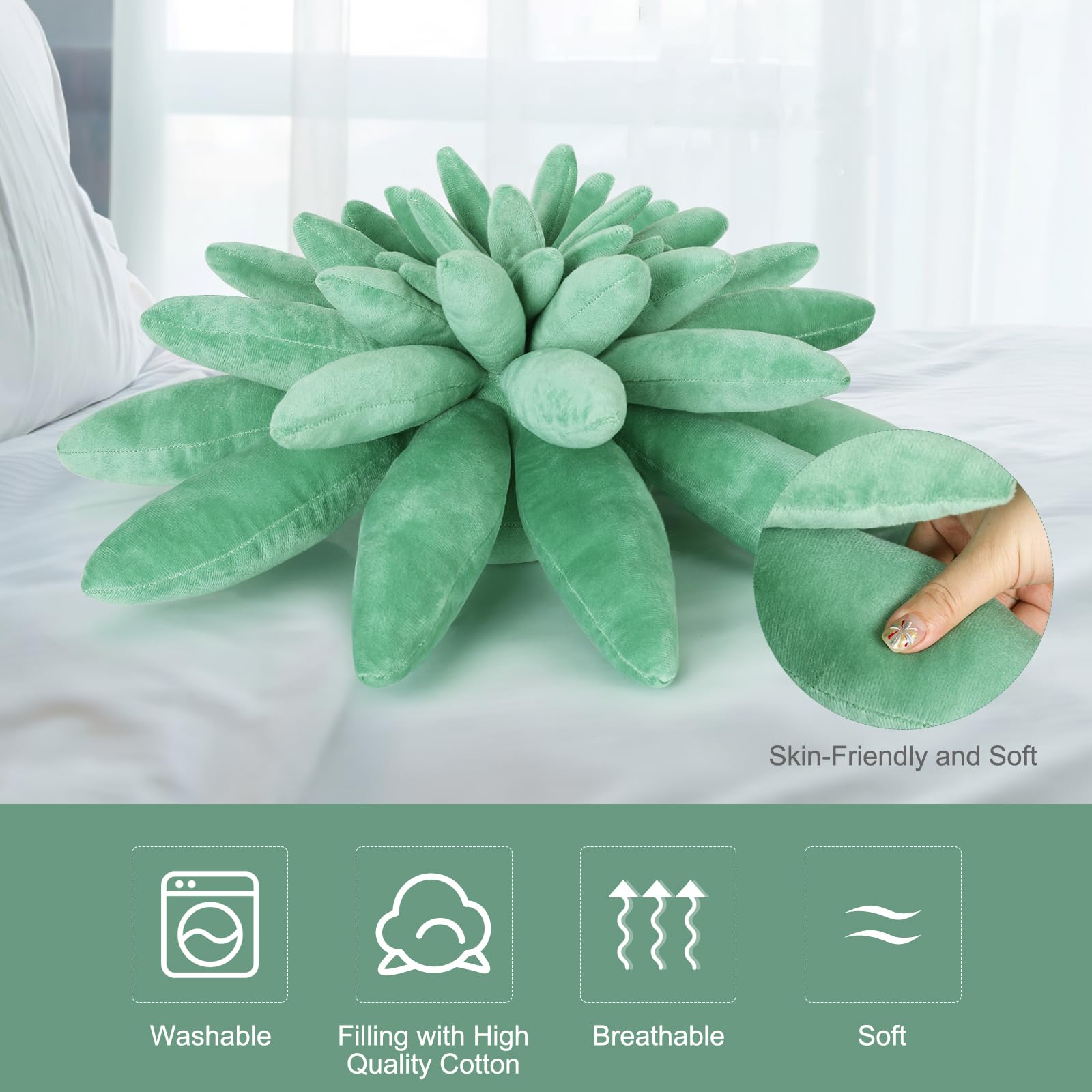 OtGalk Almohadas de suculentas, almohada decorativa de felpa cosida a mano, cojín de felpa 3D, almohada con forma de plantas, para dormitorio y decoración del hogar, 55 cm