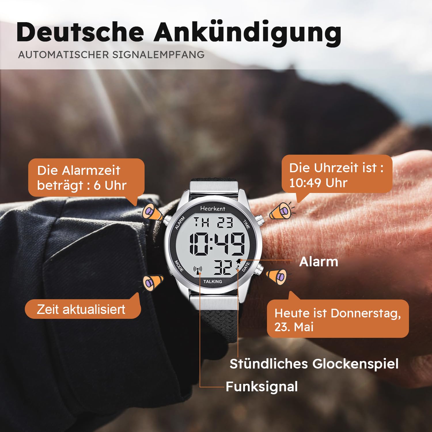 Hearkent Herren Sprechende Uhr Sehbehinderte Funkuhr-Deutscher Stimme-2306 | LCD Große Zahl Leicht zu Lesen-Seniorenuhr Armbanduhr für Senioren,Blindenuhr