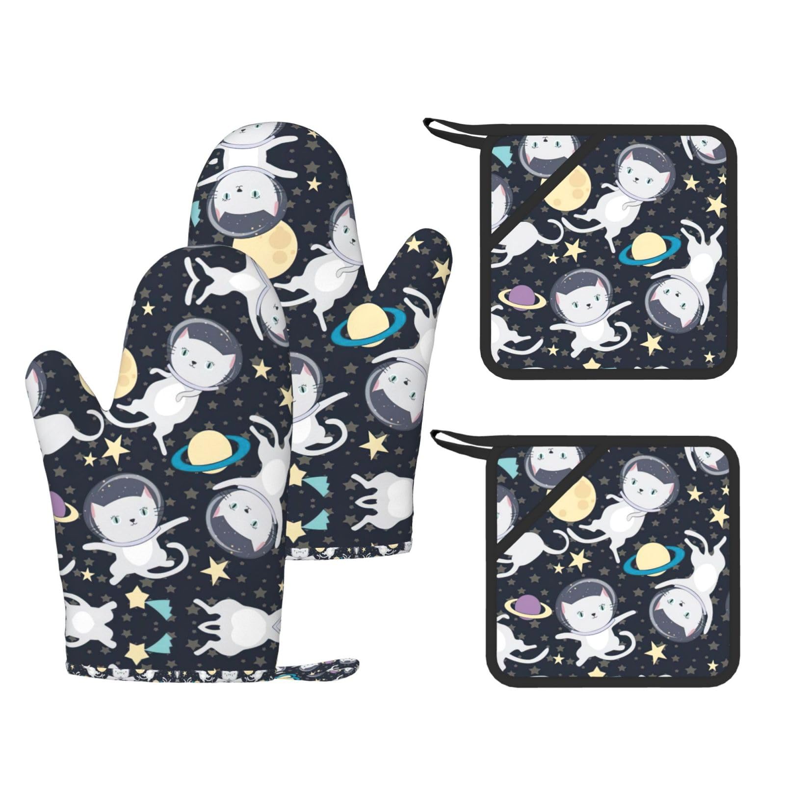 Eeprty Black Fun Cat Astronaut Printed Kitchen Oven Gloves And Potholder 4 Pcs, Non-Slip Heat Resistant Mitts For Baking Chef