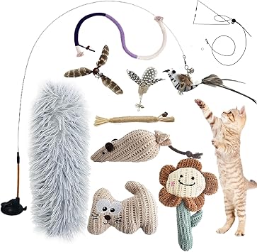7-in-1 Interactive Cat Toy Self-Activity Cat Fishing Rod with Washable Suction Cup Hanging Cat Toy Catnip Stick and Cat Teething Rope Chew Toy Feather