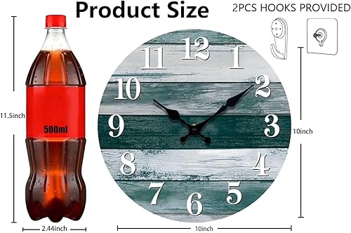 Miniatura 3 de Reloj de pared silencioso sin tictac de madera, funciona con pilas, 10 pulgadas, pequeño, rústico, estilo retro, rústico y de playa, decorativo para