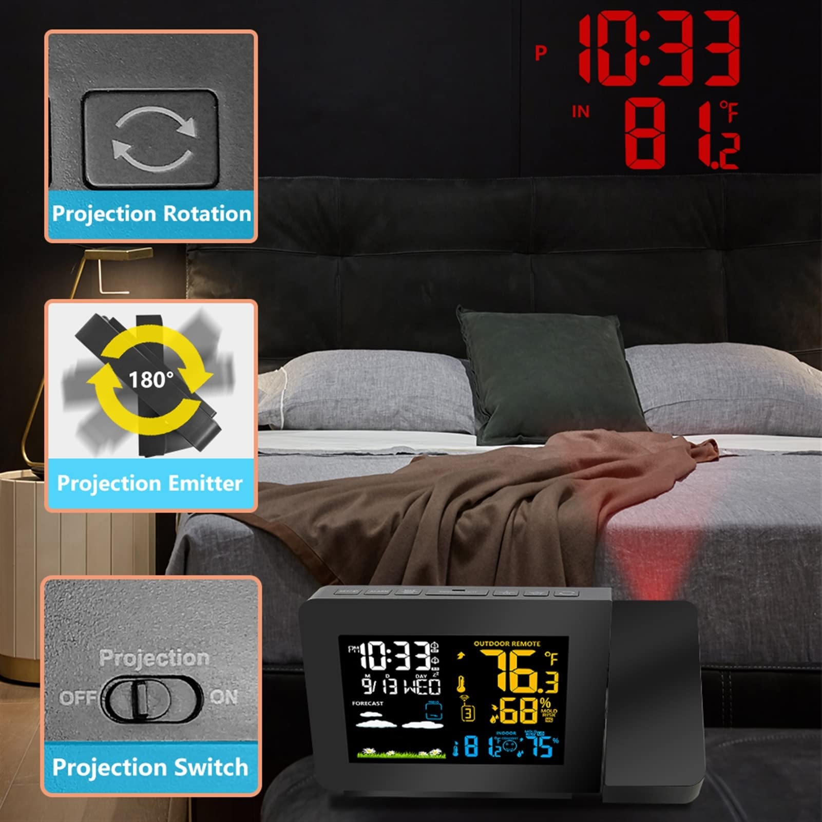 Stacja Pogodowa, Stacja pogodowa Czujnik Projekcja Budzik Snooze Funkcja Kolorowa Podświetlenie Desk Stół Zegar LED z wilgotnością temperatury(1pcs Outdoor Sensor)