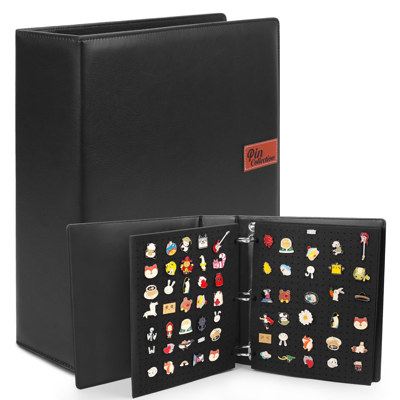 Raccoglitore smaltato con 10 pagine in feltro, porta spilli in pelle PU, organizer per grandi collezioni, raccoglitore a 3 anelli, nero (non include accessori)