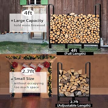4ft Outdoor Firewood Rack, Upgraded Adjustable Heavy Duty Logs Stand Stacker Holder for Fireplace - Metal Lumber Storage Carrier Organizer, Bright Black