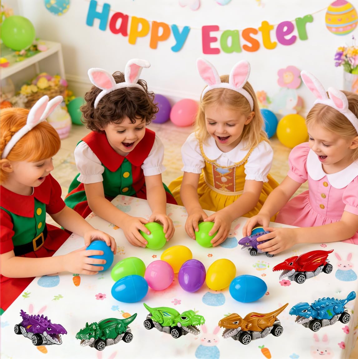 6 Pack Prefilled Easter Eggs with Metal Dinosaur Car Toys Vehicles Set for Toddlers Kids Easter Egg Fillers Hunt Basket Stuffers Party Favors Classroom Prizes for Boys