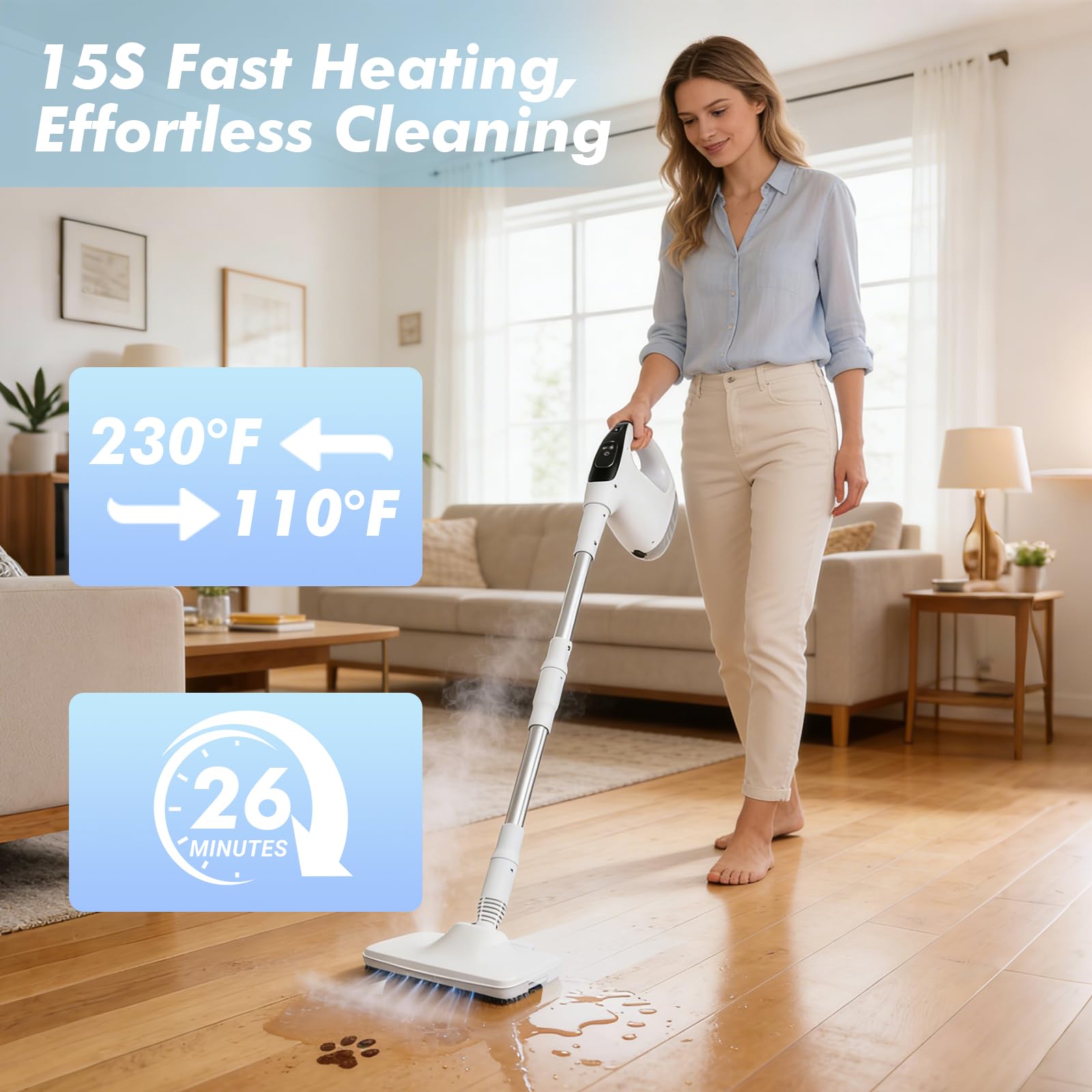 Nettoyeur Vapeur et Balai Vapeur, 1200W 2-en-1 Nettoyeur Vapeur Haute Pression Chauffage Rapide en 15s, pour Sols, Tapis, Fenêtres, Salles de Bains et Cuisines