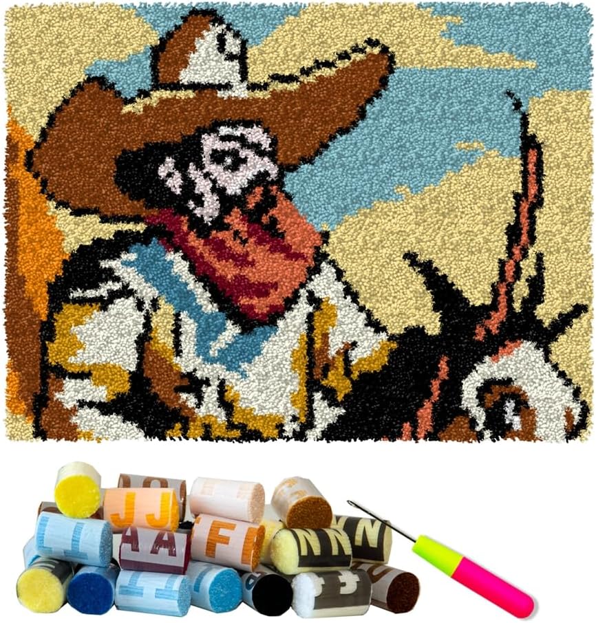 DL-YTG Latch Hook Kits Rug Western Cowboy Crochet Yarn Cushion Colour Pre-Printed Canvas Cover Rug Needlework DIY Hook and Latch Kit Christmas Home Decoration 60X40cm/24x16 inch