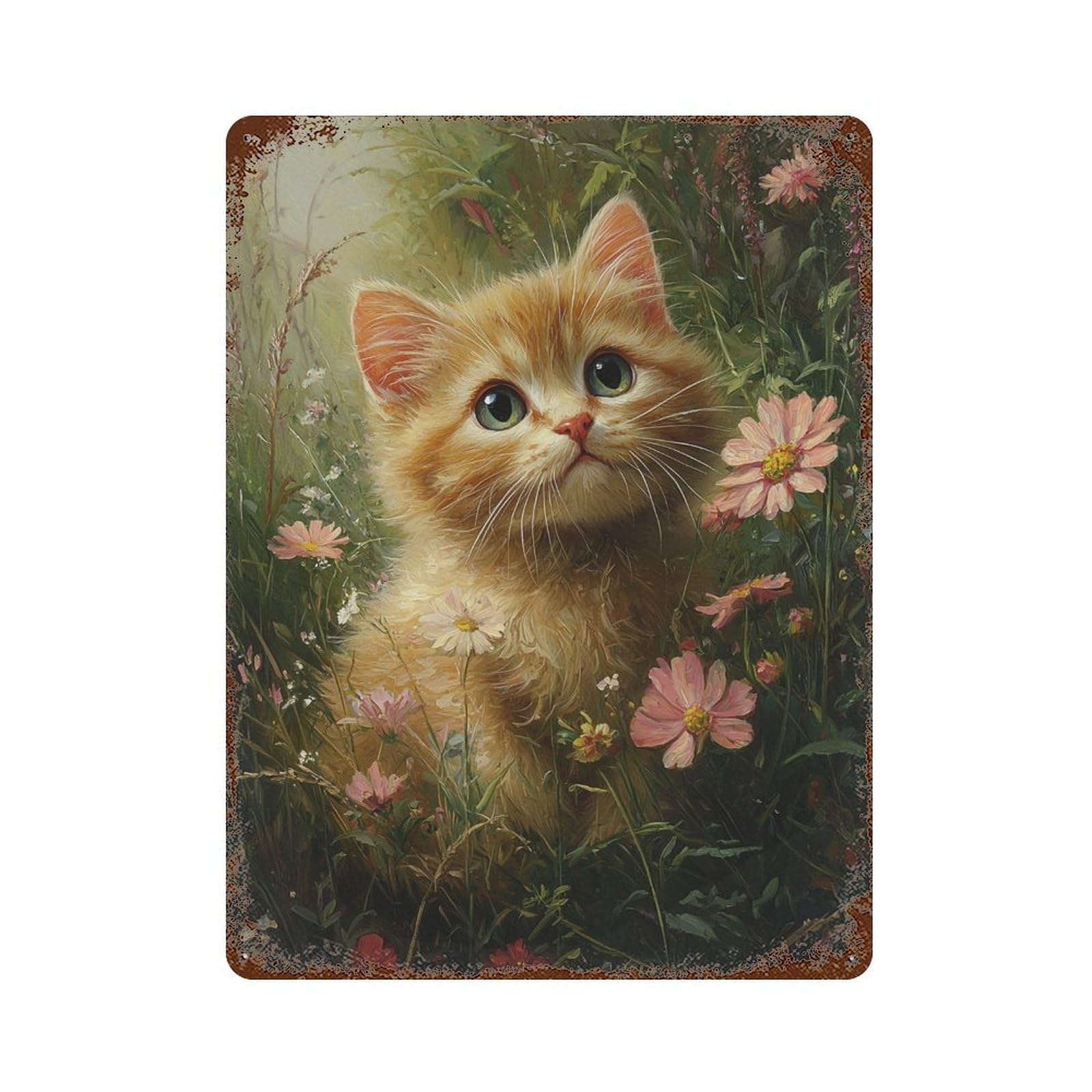 Floral Garden Kitten 15.7"x11.8" Vintage Rust Metal Sign, Classic Wall Plaque for Office, Studio And Wall Decor