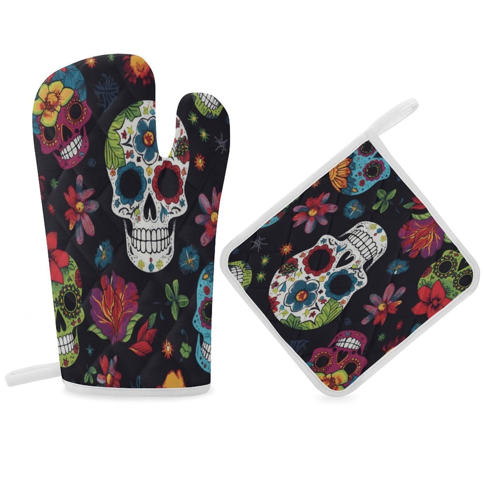 Fodpand Women's Style Flower Cactus Sugar Skull Oven Mitts And Pot Holders Sets,Oven Gloves For Kitchen Oven Mitts And Potholders For Baking Cooking Grilling Apartment Essentials