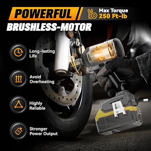 Miniatura 5 de Llave de impacto inalámbrica de 12 pulgada, anillo de cerdo compatible con batería Dewalt de 20 V, par máximo de 250 pies libras (338 N.m), motor de