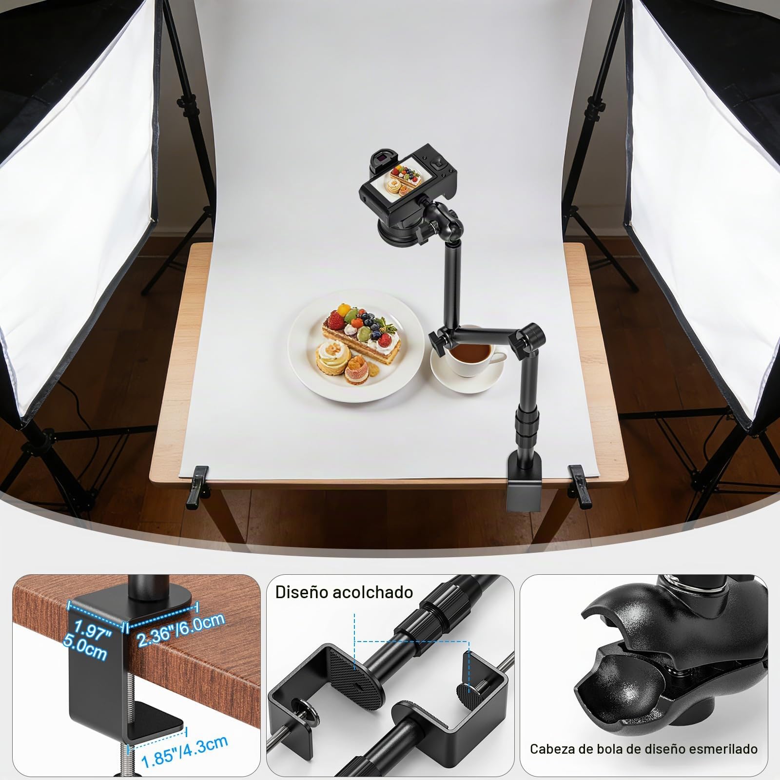 Soporte de cámara de escritorio superior, soporte de montaje para cámara web de 31 pulgadas con tornillos de 1/4 pulgadas, abrazadera C ajustable de 360° para cámaras DSLR, luz de anillo,