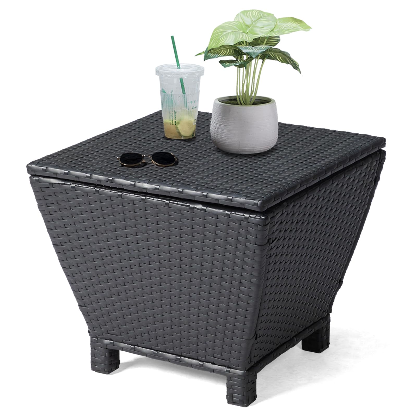 VINGLI Outdoor Side Table with Storage, 13-Gallon Patio Deck Box Outdoor Wicker Side Table for Poolside Balcony Storage Table (Black, Trapezoid)