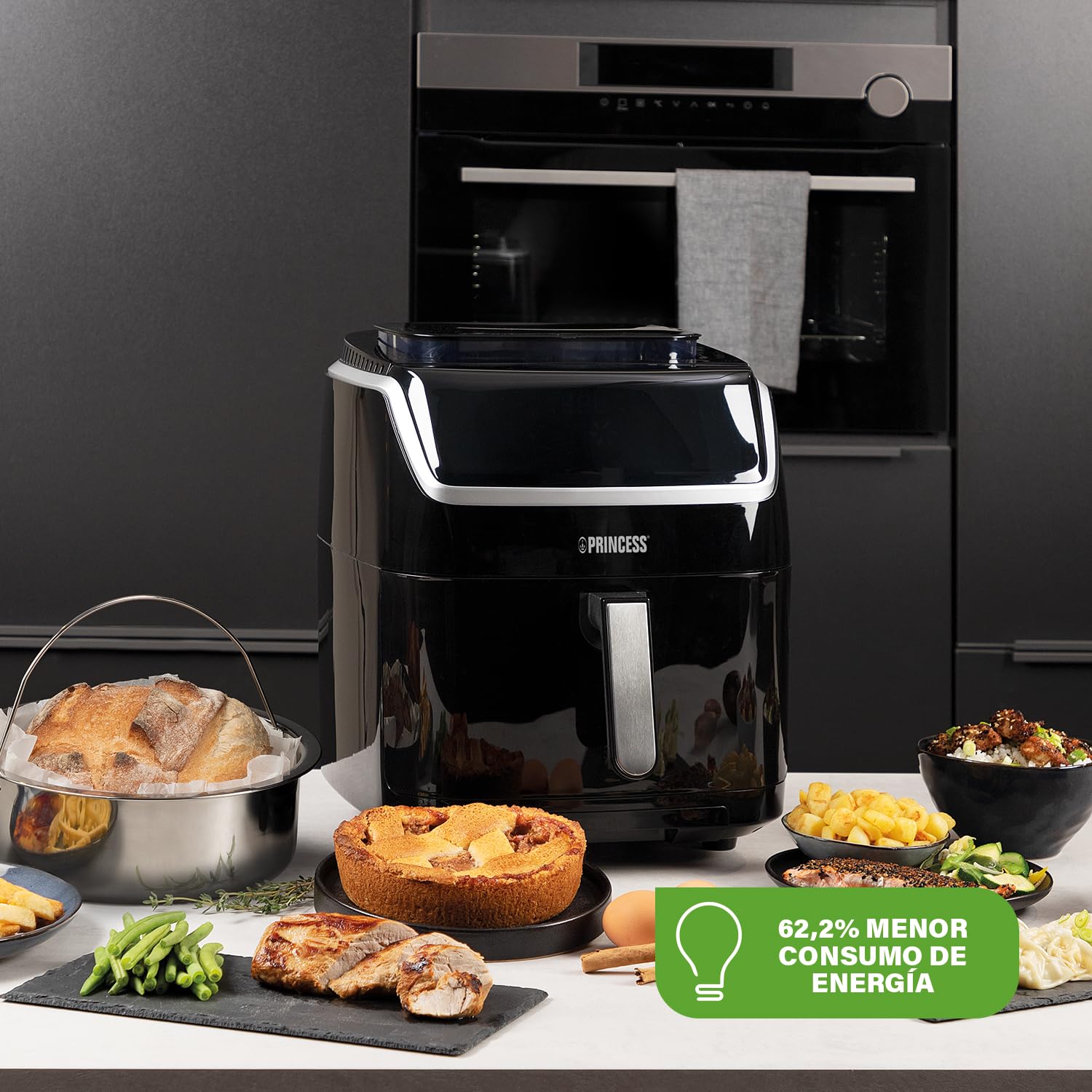 Princess 182080 Freidora sin aceite y vaporera 2 en 1 multifunción, capacidad 6.5 L, Ahorra hasta un 62,2% de energía, 8 programas, panel digital táctil, recetario en PDF y accesorios incluidos