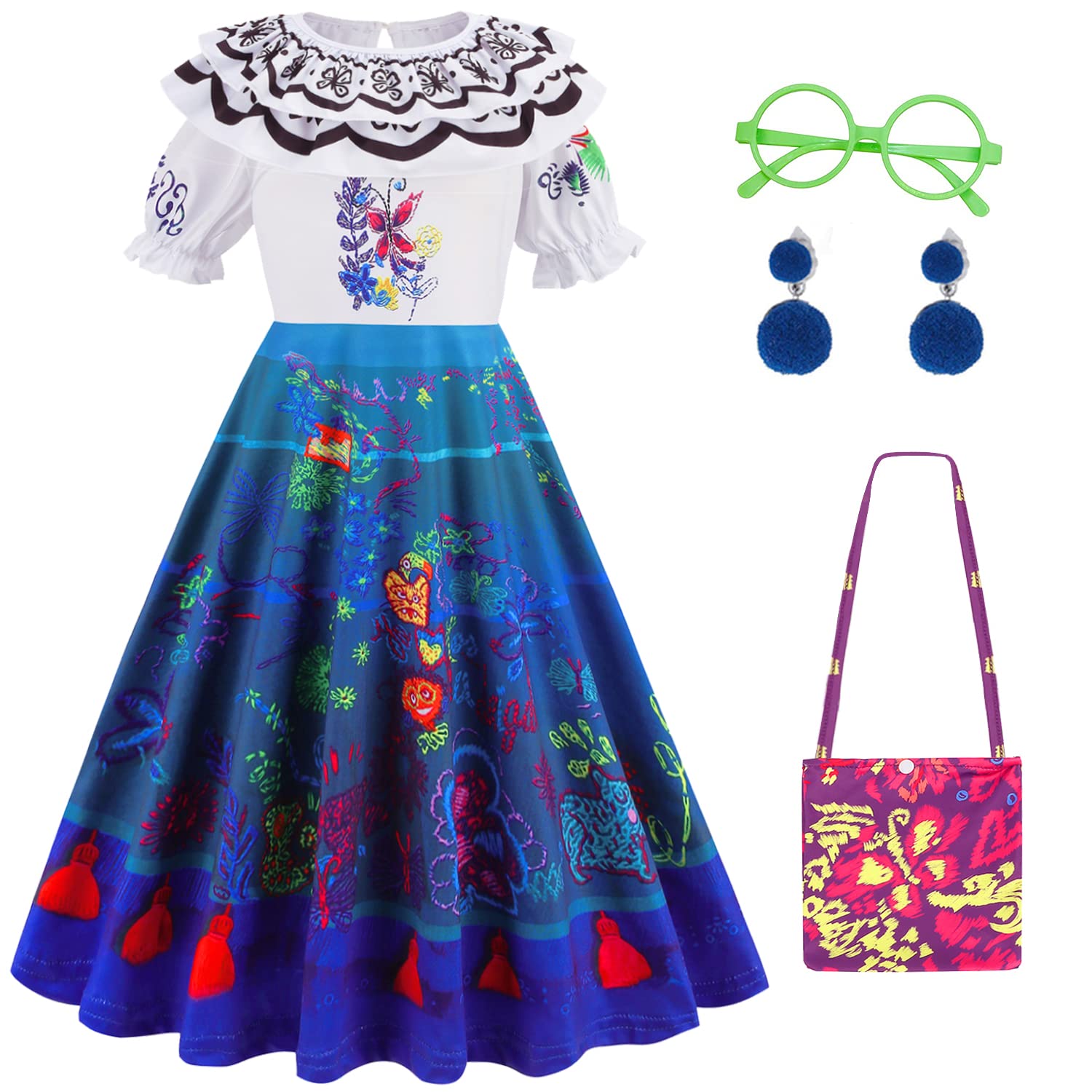 FoierpMirabel Dress up for Kids Encanto Costume Dress for Girls Birthday Party Cosplay with Bag Glasses Earrings