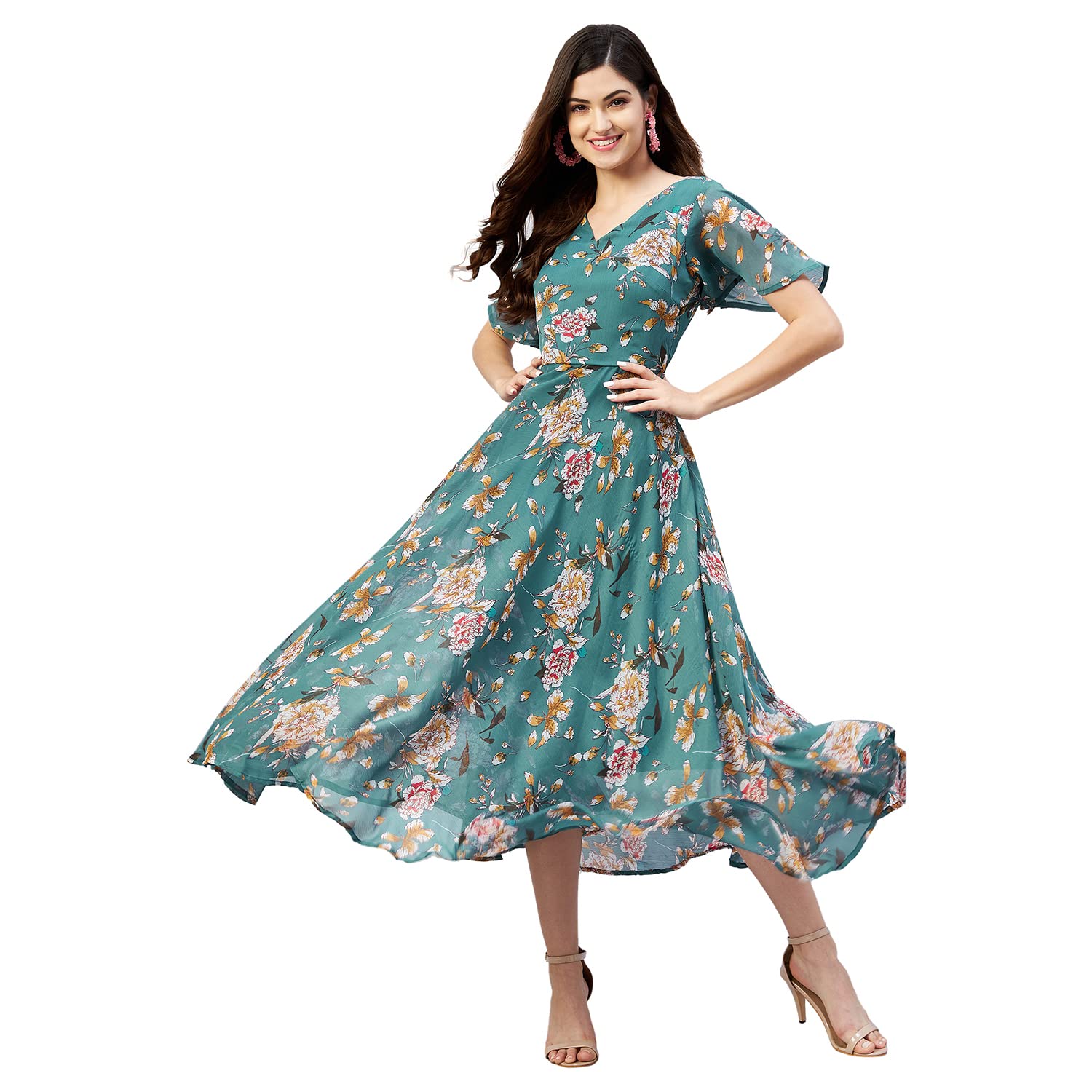 Rare Women Casual Teal Colour Calf Length Floral Fit And Flare Dress, Small