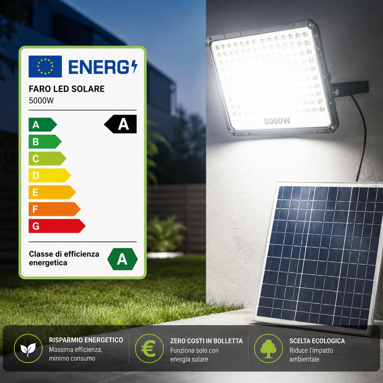 Faro Solare LED Esterno 5000W, 320 LED ad Alta Luminosità, IP66 Impermeabile, Luce Bianca Fredda 6500K, Telecomando, Autonomia fino a 12 Ore, Illuminazione per Giardino, Garage, Cortile e Terrazzo