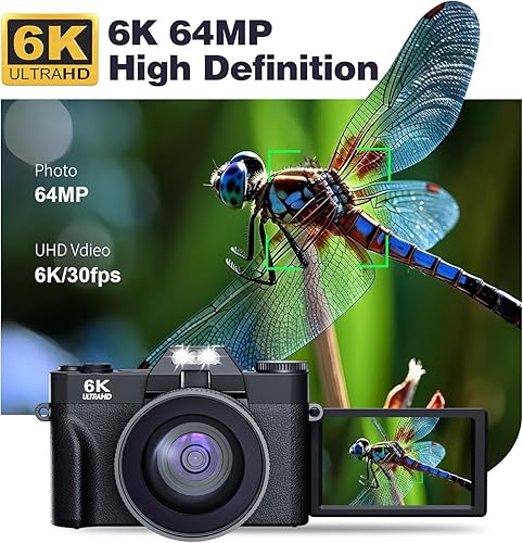Miniatura 2 de Cámara digital de 6K 64MP para fotografía, cámara de vlogging para YouTube, pantalla abatible de 180, enfoque automático de zoom 16X, cámara