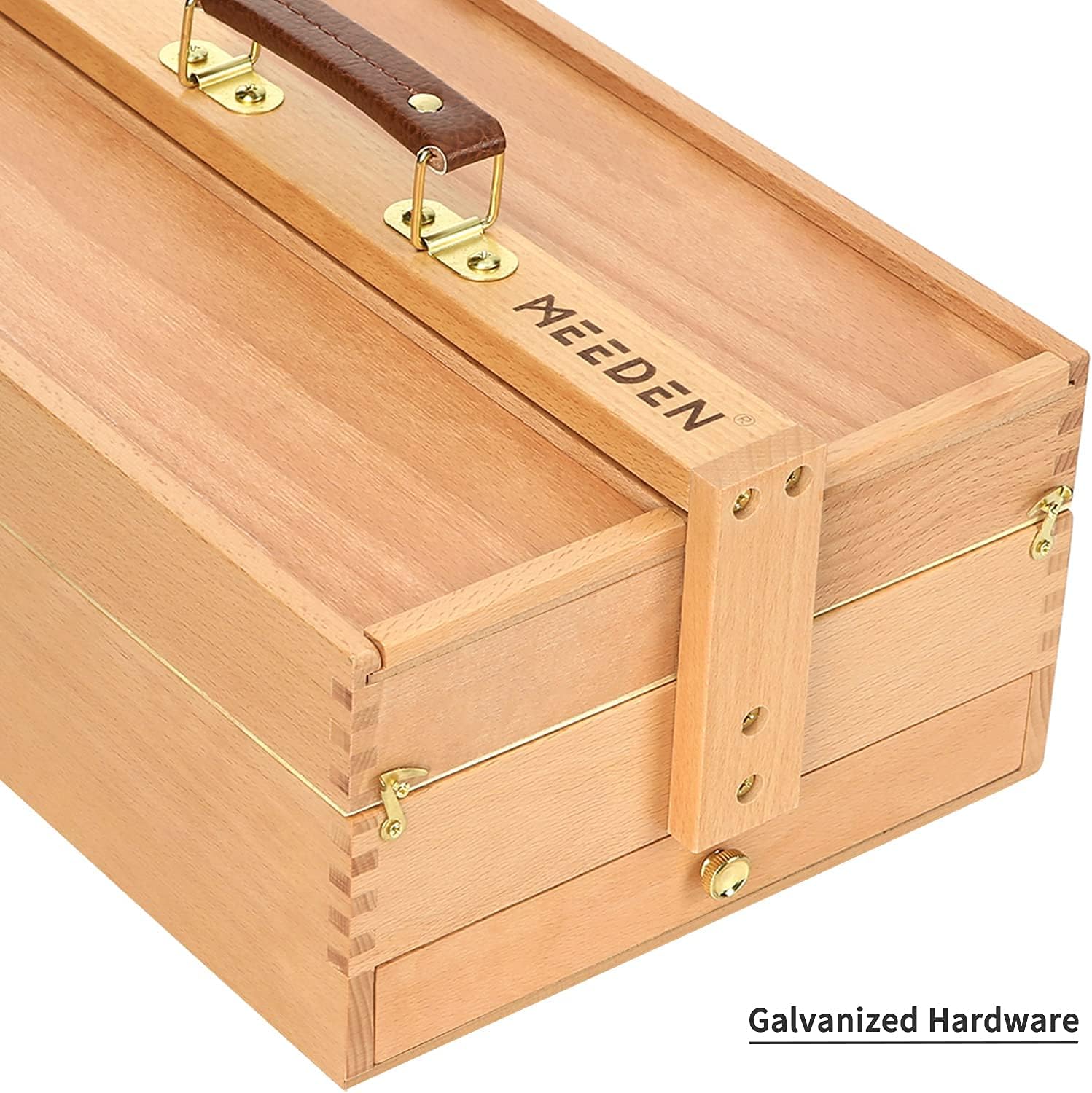 MEEDEN Artist Supply Storage Box - Portable Foldable Multi-Function Beech Wood Artist Tool & Brush Storage Box with Compartments & Drawer for Pastels, Pencils, Pens, Markers, Brushes