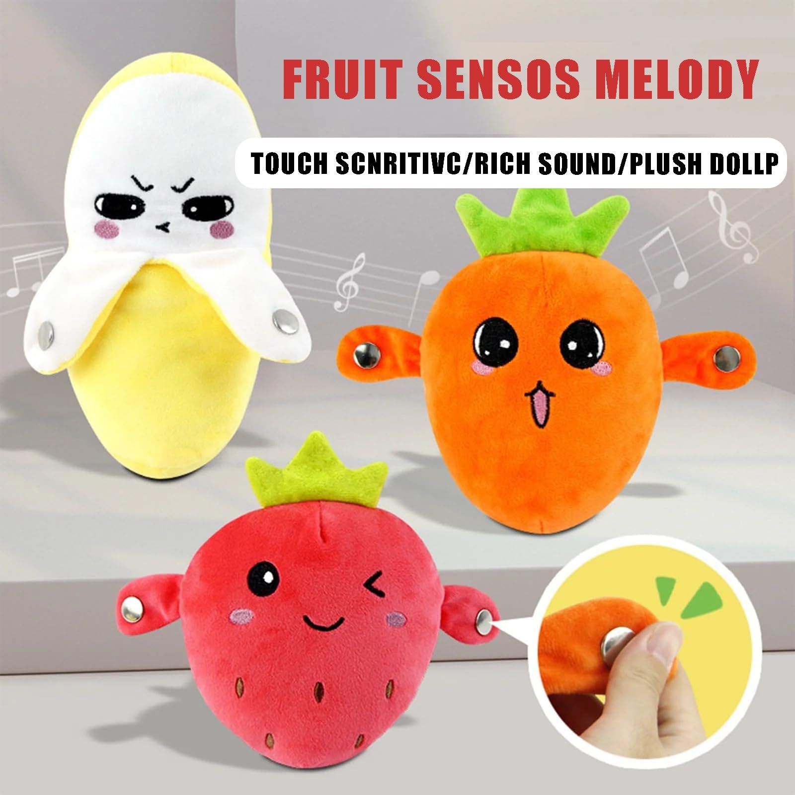 Muñeca Interactiva con Sensor Musical, Muñeca de Peluche en Forma de Fruta con Interacción Feliz Sensible al Tacto y Sonido Enriquecido, 3 Modos, Peluche de Latido con Sensor de Fruta(Yellow)