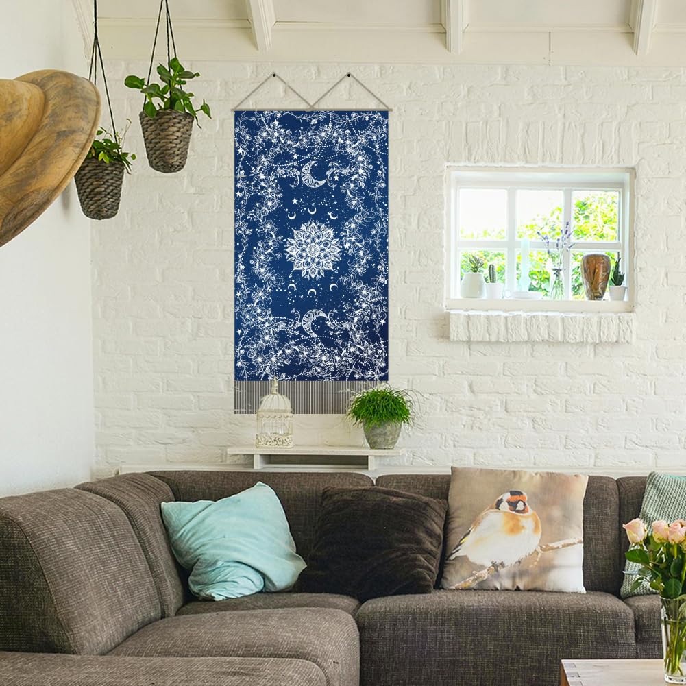AHANDMAKER 2 tapices de mandala azul, tapiz vertical largo floral bohemio para colgar en la pared, tapiz de pared con borla de mandala indio, tapiz estético místico para dormitorio y sala de estar