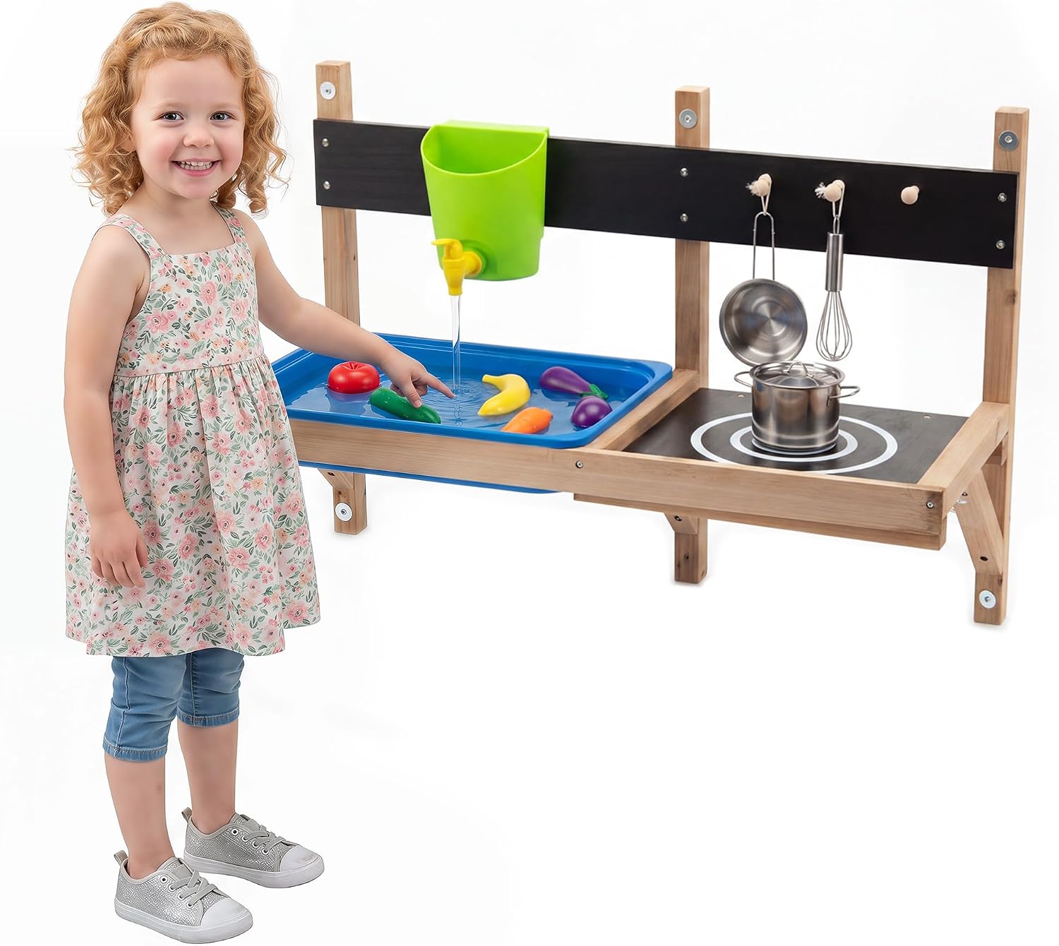 GLACER Wall Mounted Mud Kitchen, Fir Wood Outdoor Play Kitchen with Sink, Faucet, Stove, Water Box, Cooking Accessories, Mud Table for Backyard Garden, Gift for Boys Girls Aged 3+