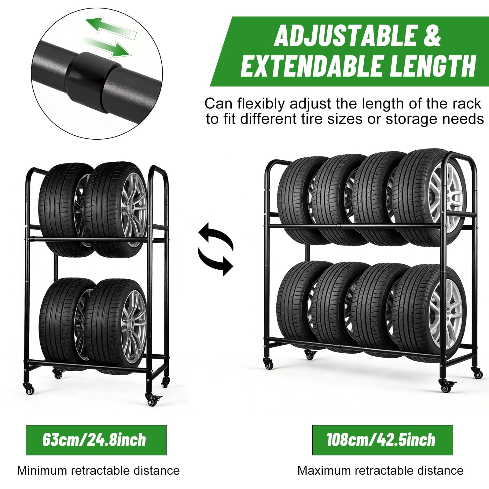 EXLECO Verstellbar Reifenregal bis zu 8 Reifen, Regallänge 63-108cm, Werkstattregal mit Schutzhülle & Lenkrollen, Garage Reifenhalter, Felgenständer, Beschichteter Stahl Schwarz Tragkraft 100-200kg