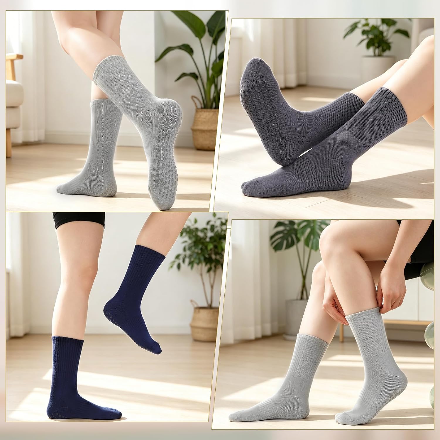 5 Pairs Cotton Pilates Socks for Men Women, Non Slip Grip Yoga Socks with Silicone Dots for Barre Hospital Gym