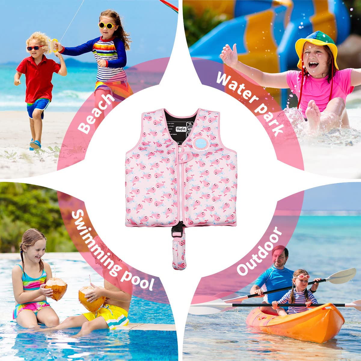 Boglia Kinder-Schwimmweste, Schwimmhilfe für Kleinkinder zum Schwimmenlernen, ultraweiche Neoprenjacke mit verstellbarem Schrittgurt für Schwimmen, Pools und Strand