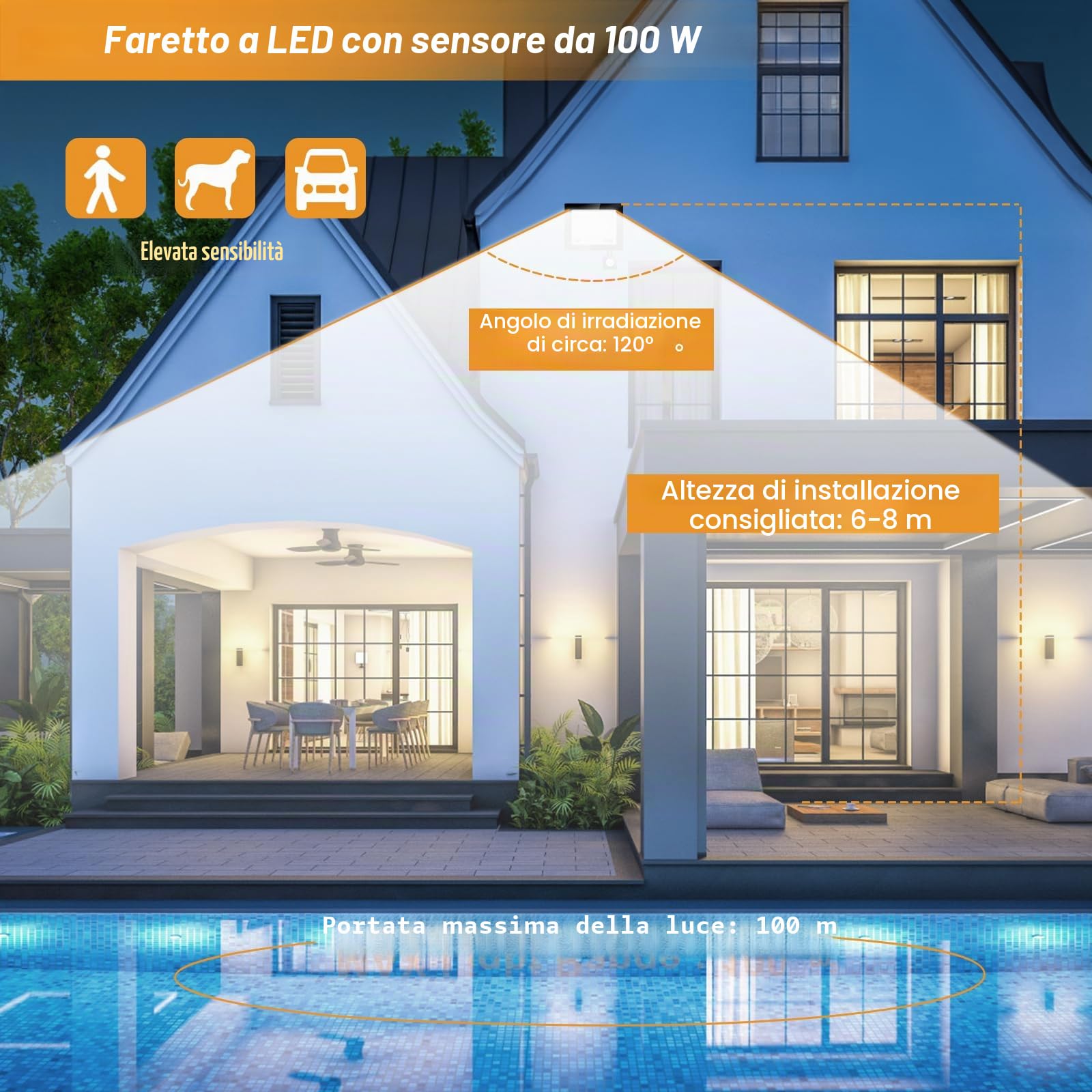 Faretto LED da 100 W, con sensore di movimento, per esterni, 10000 lm, 7000 K, super luminoso, IP67, impermeabile, con telecomando, luce bianca fredda per giardino, garage, campo sportivo, cortile