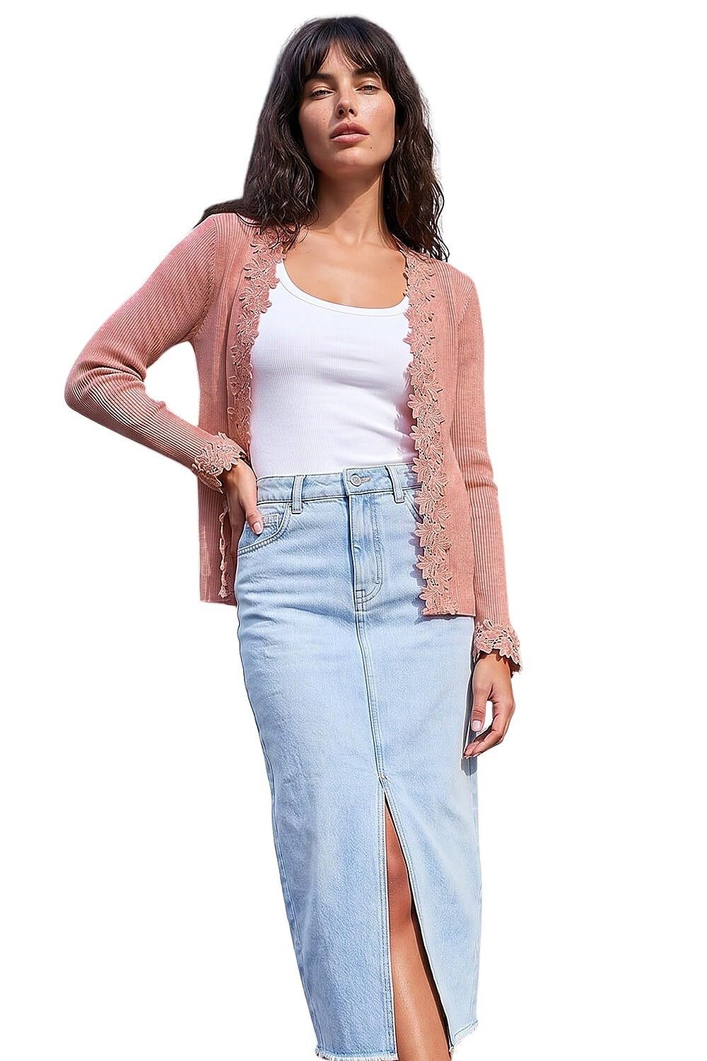 Roman Women's Pink Lace Trim Knit Cardigan Size 18
