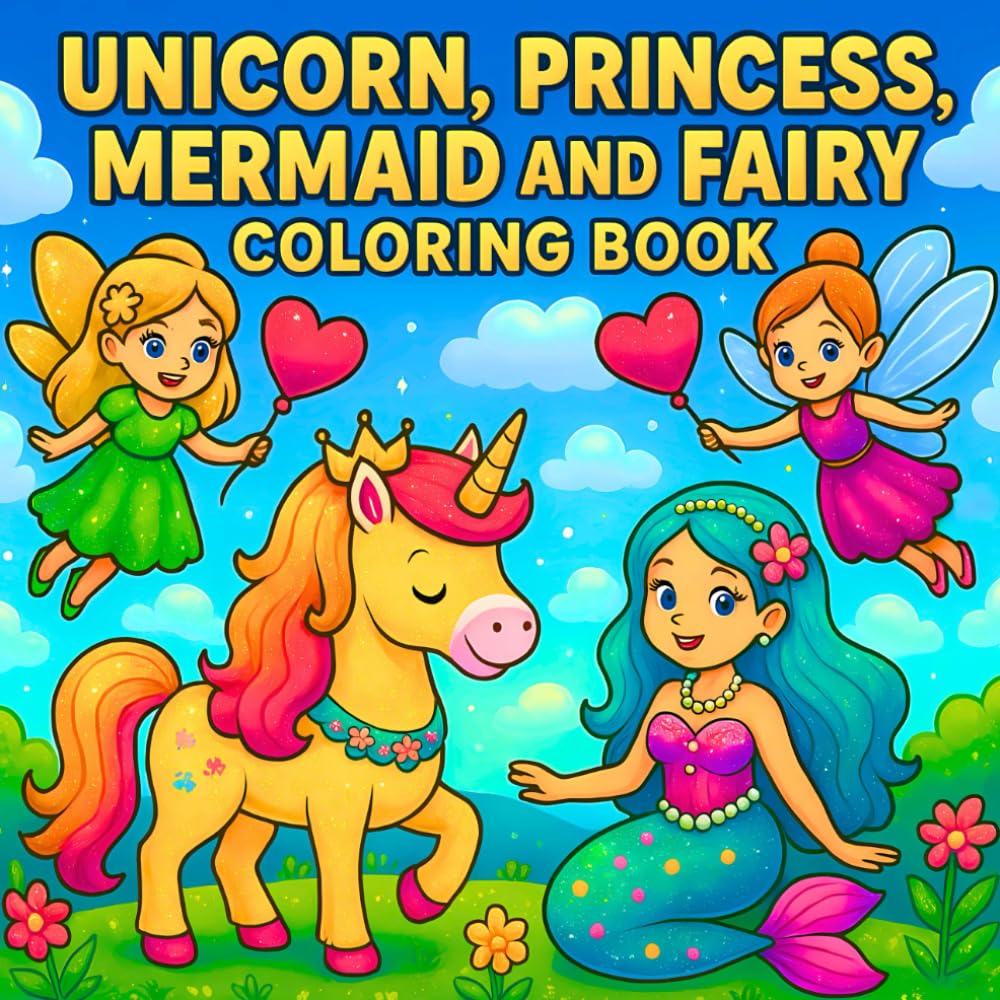 Unicorn, Princess, Mermaid and Fairy Coloring Book: 50 Coloring Pages for Girls Ages 4–8 with Magical Unicorns, Beautiful Princesses, Cute Mermaids ... Creativity and Joy (Cute Coloring Books)