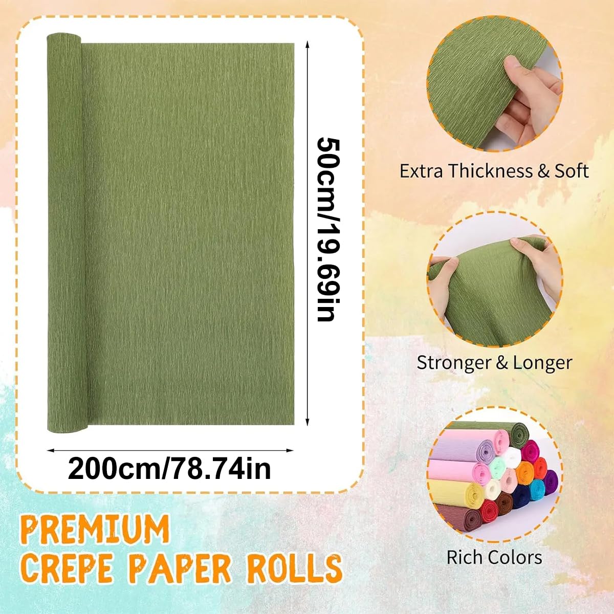 Rouleau de Papier crépon 50 x 200 cm pour la Confection de Fleurs, fêtes et Festivals, Loisirs créatifs, 10 Couleurs