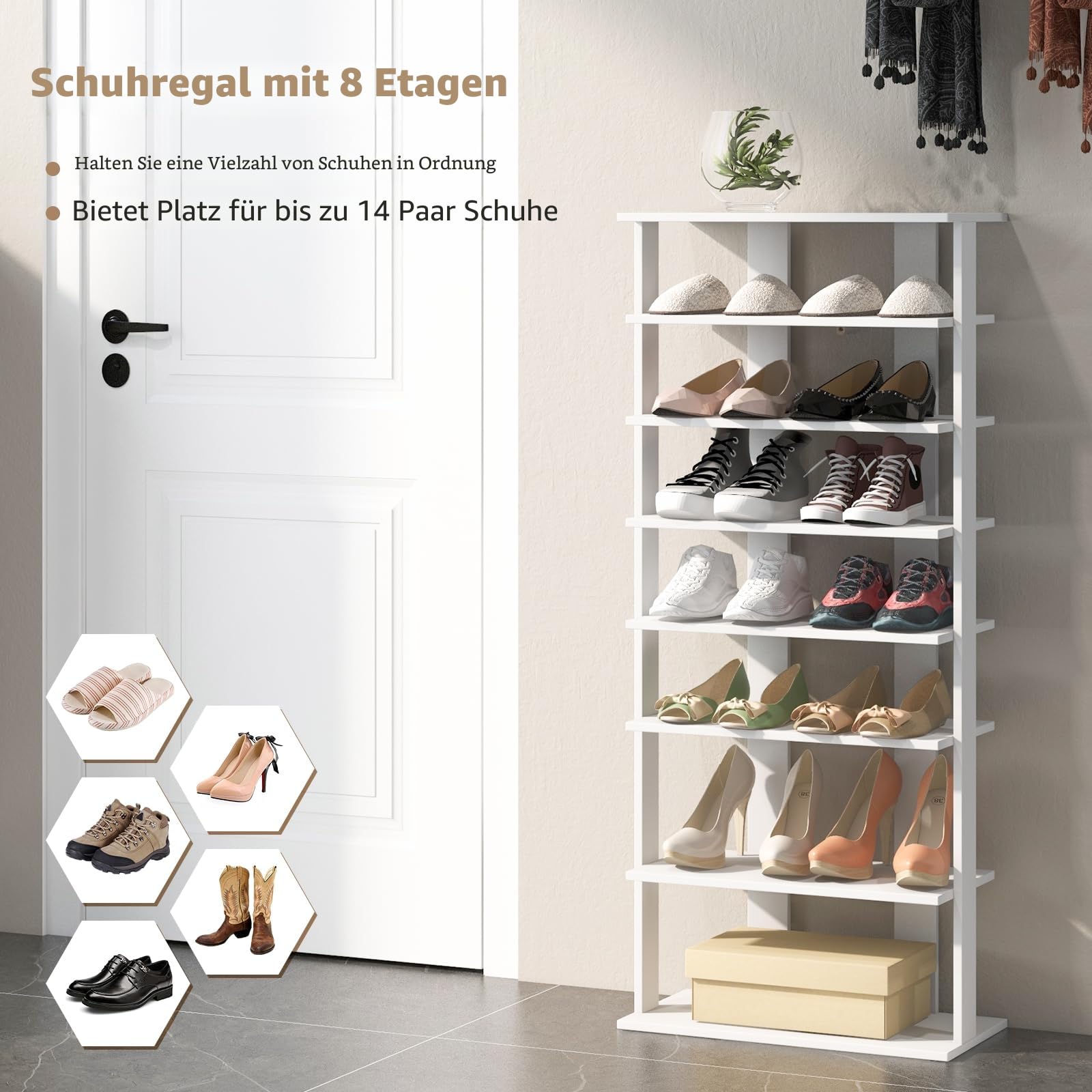 GIANTEX Schuhregal schmal und hoch, Schuhschrank Regal Holz 8 Ebenen, Schuhständer Schuhablage vertikal, Schuh-Organizer platzsparend, Holzregal Standregal Lagerregal Eckregal schmal freistehend weiß