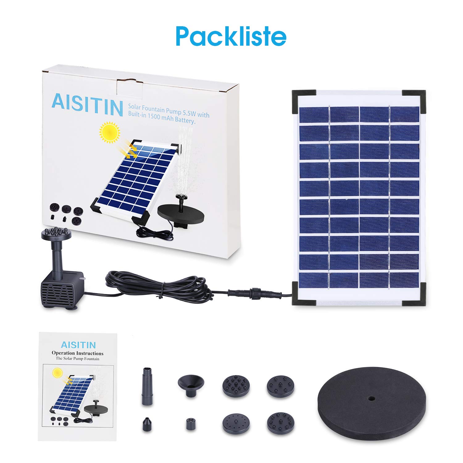 AISITIN Fontanna solarna o mocy 5,5 W z wbudowanym akumulatorem 1500 mAh, solarna pompa wodna, 6 stylów, fontanna do kąpieli ptaków, mały staw, ogród, obieg wody