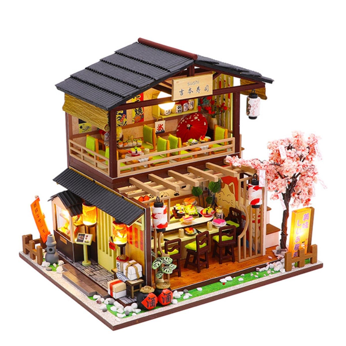 Miniaturowy zestaw do domu dla dorosłych, japoński sklep z sushi, domek dla lalek, zestaw do montażu, drewno, miniaturka 3D, mały dom, prezent 2025-240 elementów