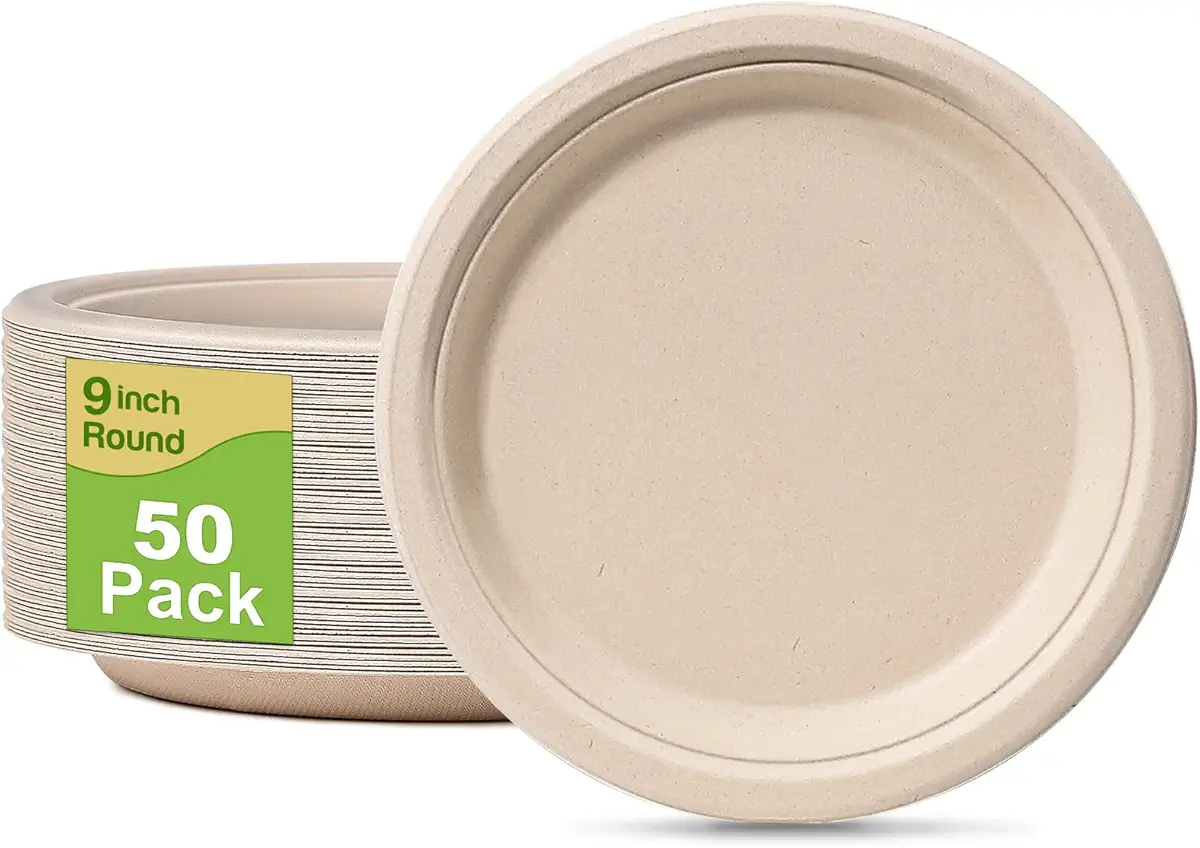 GREENESAGE Paper Plates 9 inch, 50 Pack Eco Friendly Disposable Plates, 100% Compostable Paper Plates, Paper Plates Dinner Heavy Duty, Sturdy Paper Plates for Everyday, Biodegradable Plates