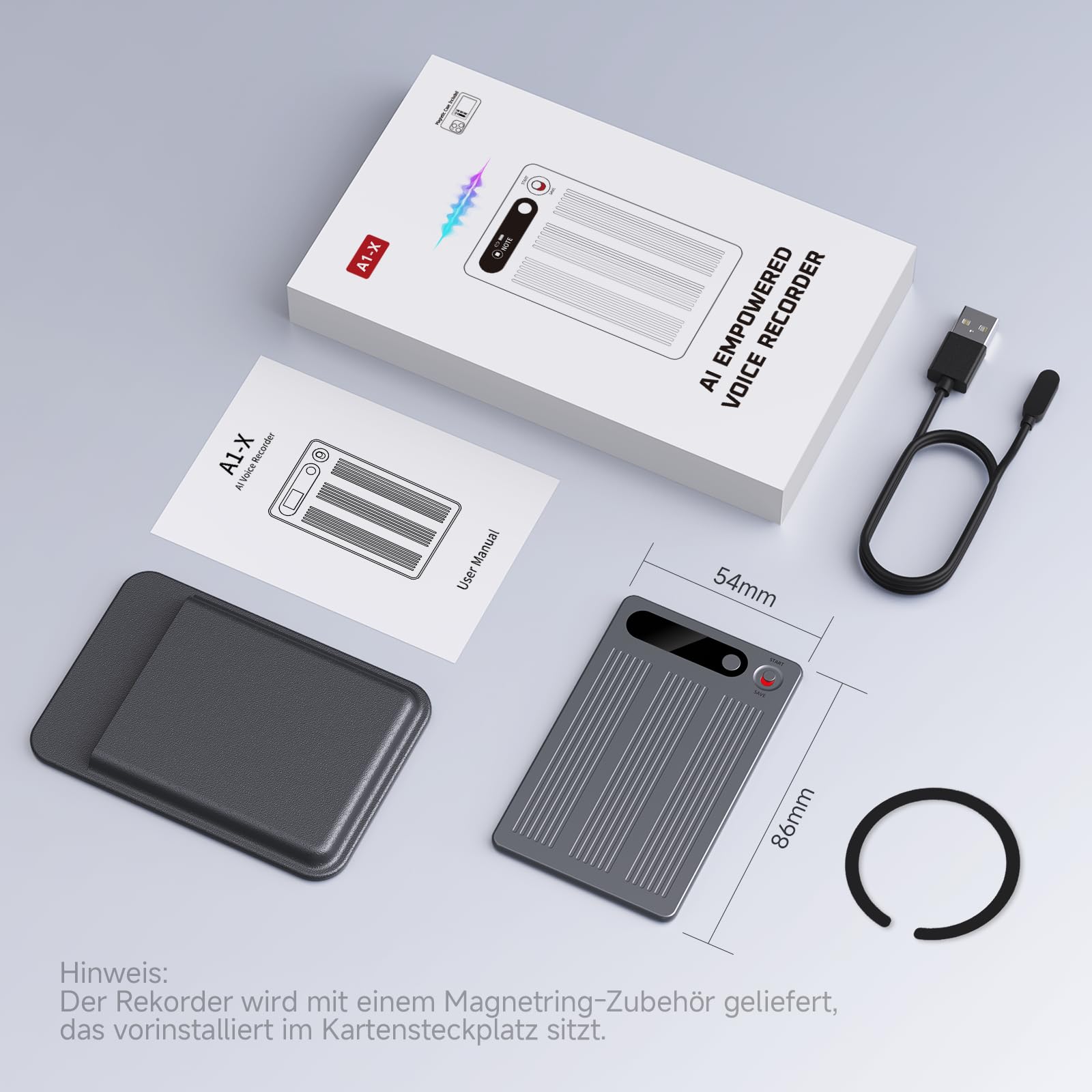 KI Digitales Diktiergerät 64GB, mit Transkribieren und Zusammenfassen | One-Touch-Aufnahme, 80+ Sprachen Übersetzung, Voice Recorder Für Meetings/Interviews/Klassen/Telefonate (mit schwarzer Hülle)