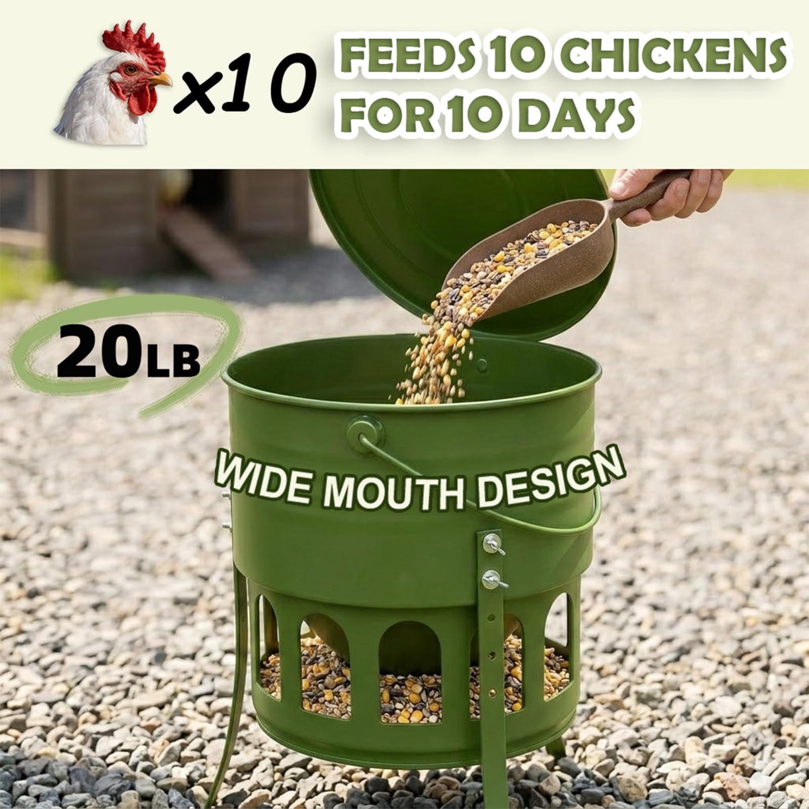 Comedero automático grande para pollos sin desperdicios, comederos colgantes de pollo de 20 libras con 12 puertos y 3 alturas ajustables, soporte de trípode de metal, comedero impermeable para aves de