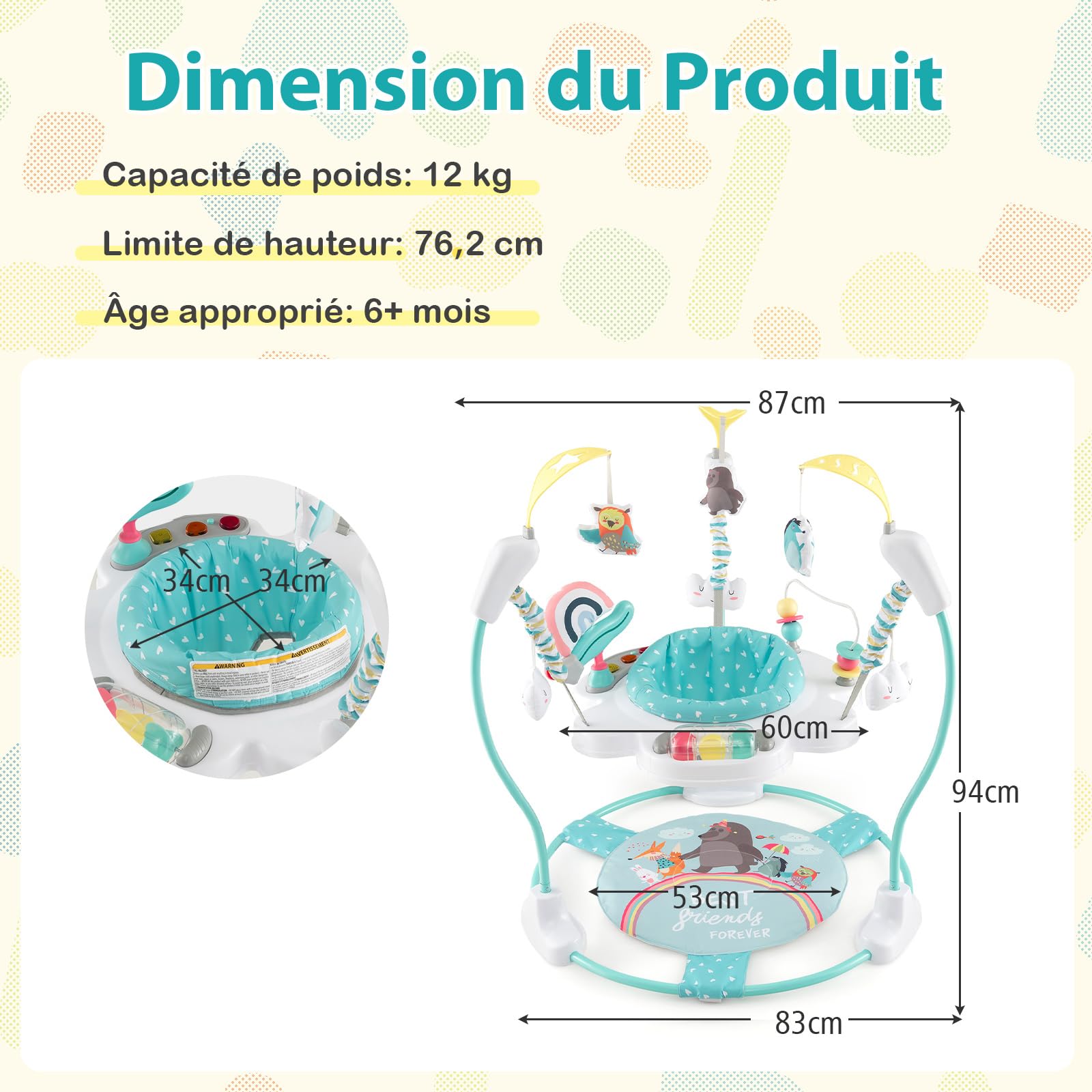 COSTWAY Jumperoo Jungle Trotteur Bébé avec Musique & Lumière, 3 Hauteurs Réglables, Siège Rotatif 360°, 6 Mois+