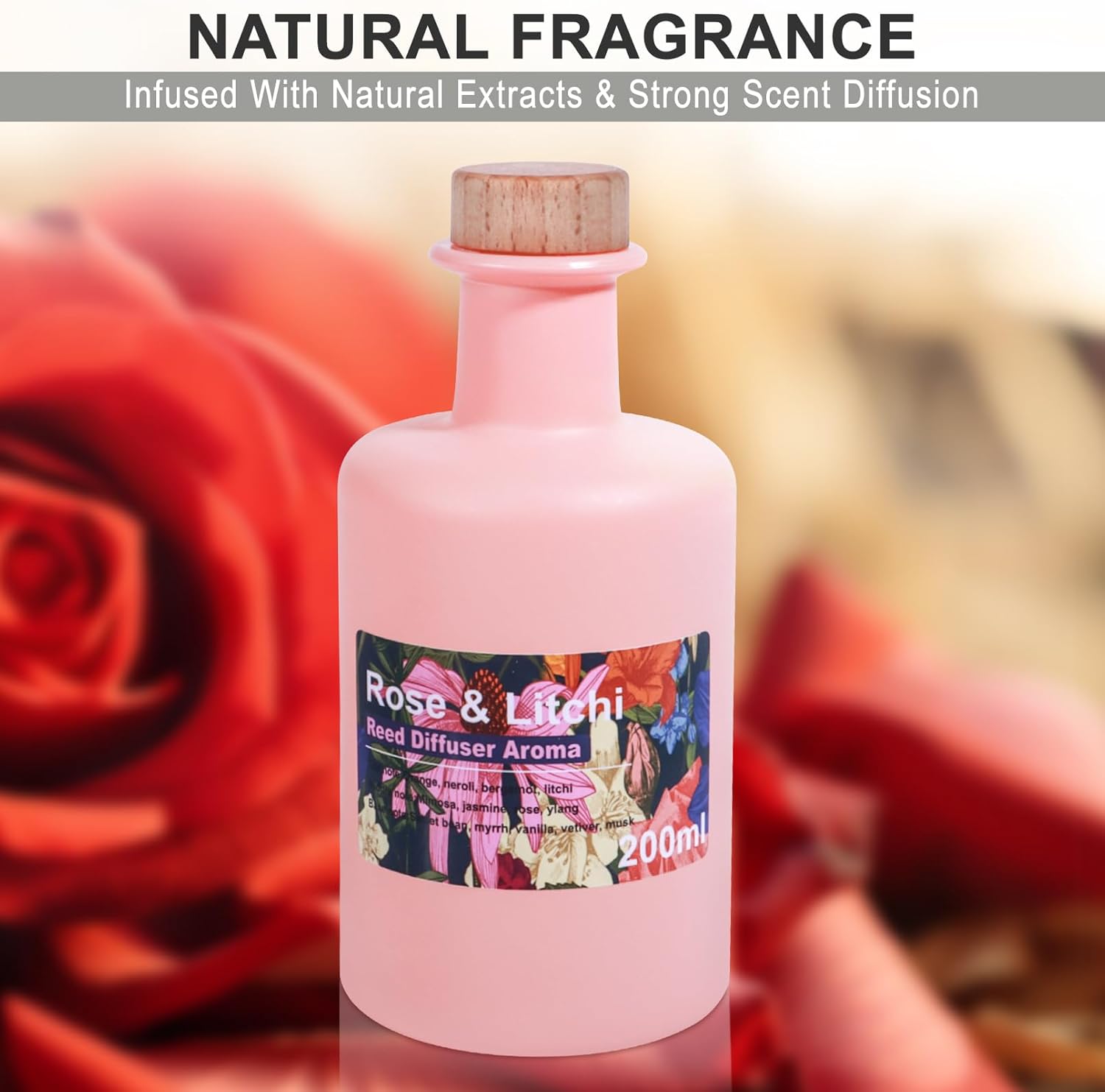 Reed Diffuser Set - Rose & Litchi Essential Oil, 6.8fl oz/200ml Sweet Floral Aroma Scented Oil, Large Capacity Color Bottle, Home Aromatherapy for Bedroom Bathroom Office Shelf Decor - Image 6